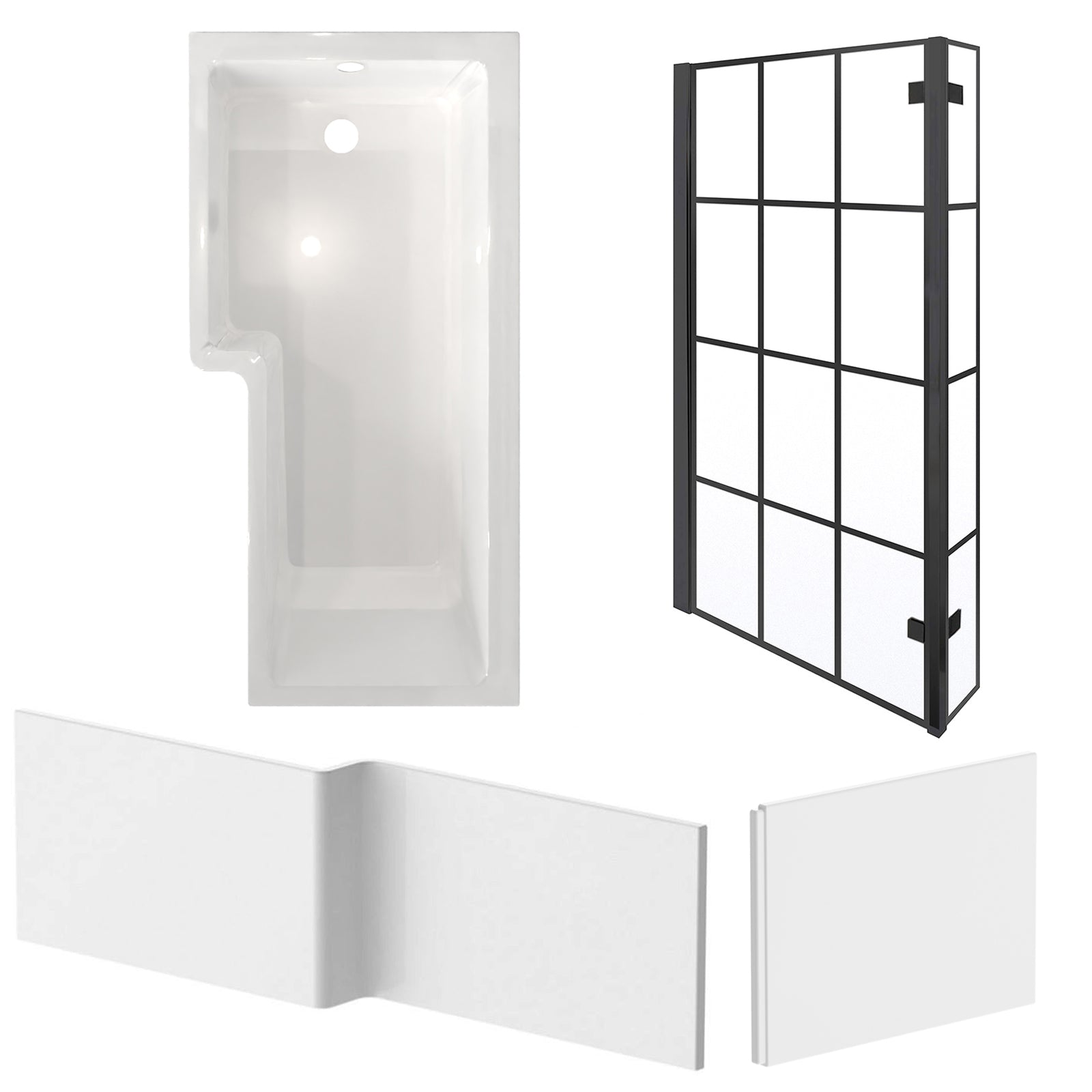 Left Hand L Shaped Shower Bath With Panels & Matte Black Grid Screen
