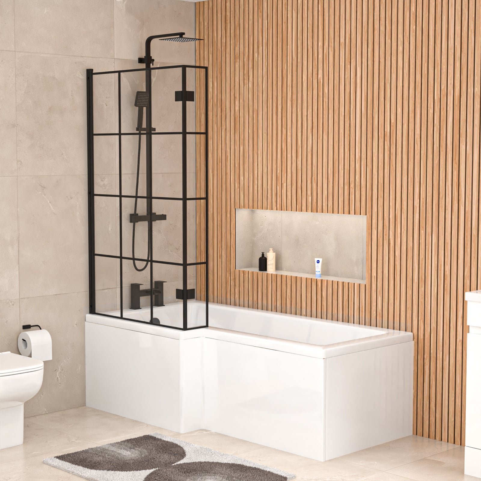 Left Hand L Shaped Shower Bath With Panels & Matte Black Grid Screen