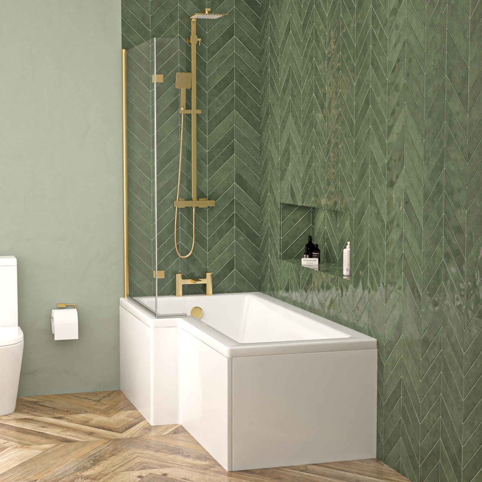 Left hand L Shaped Shower Bath With Front & End Panel and Brushed Brass Screen