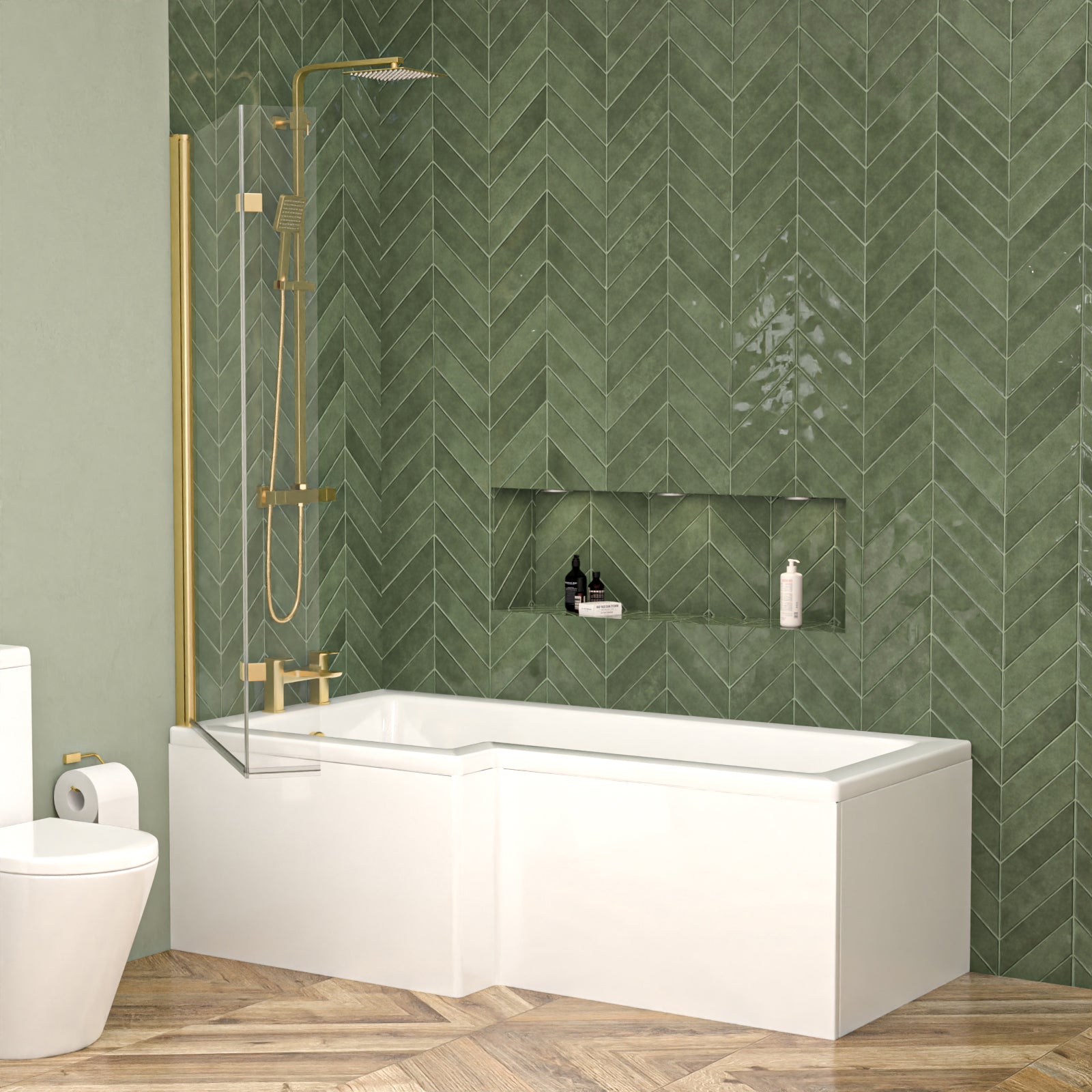 Left hand L Shaped Shower Bath With Front & End Panel and Brushed Brass Screen