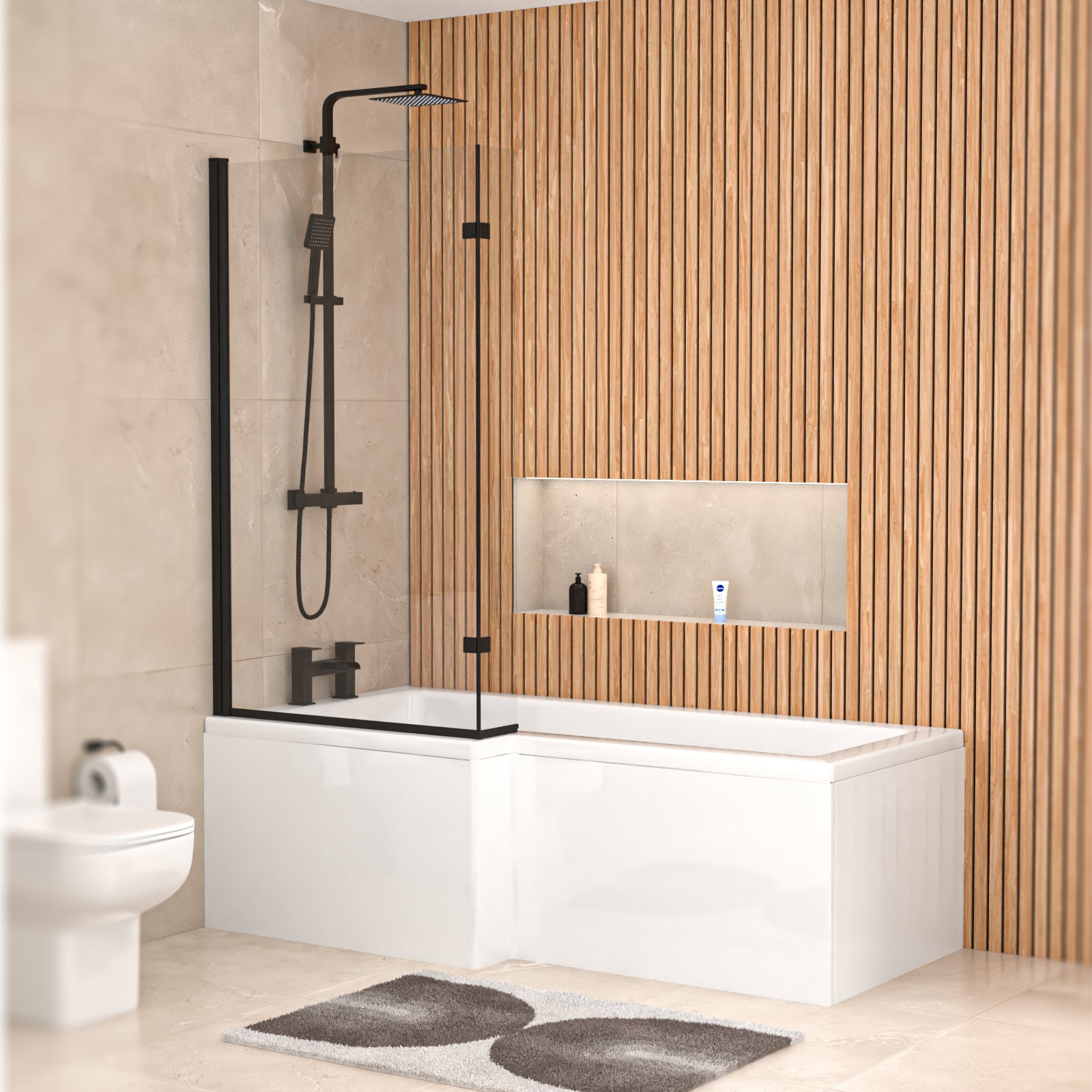 Left L Shaped Shower Bath With Front End Panel & Matte Black Screen