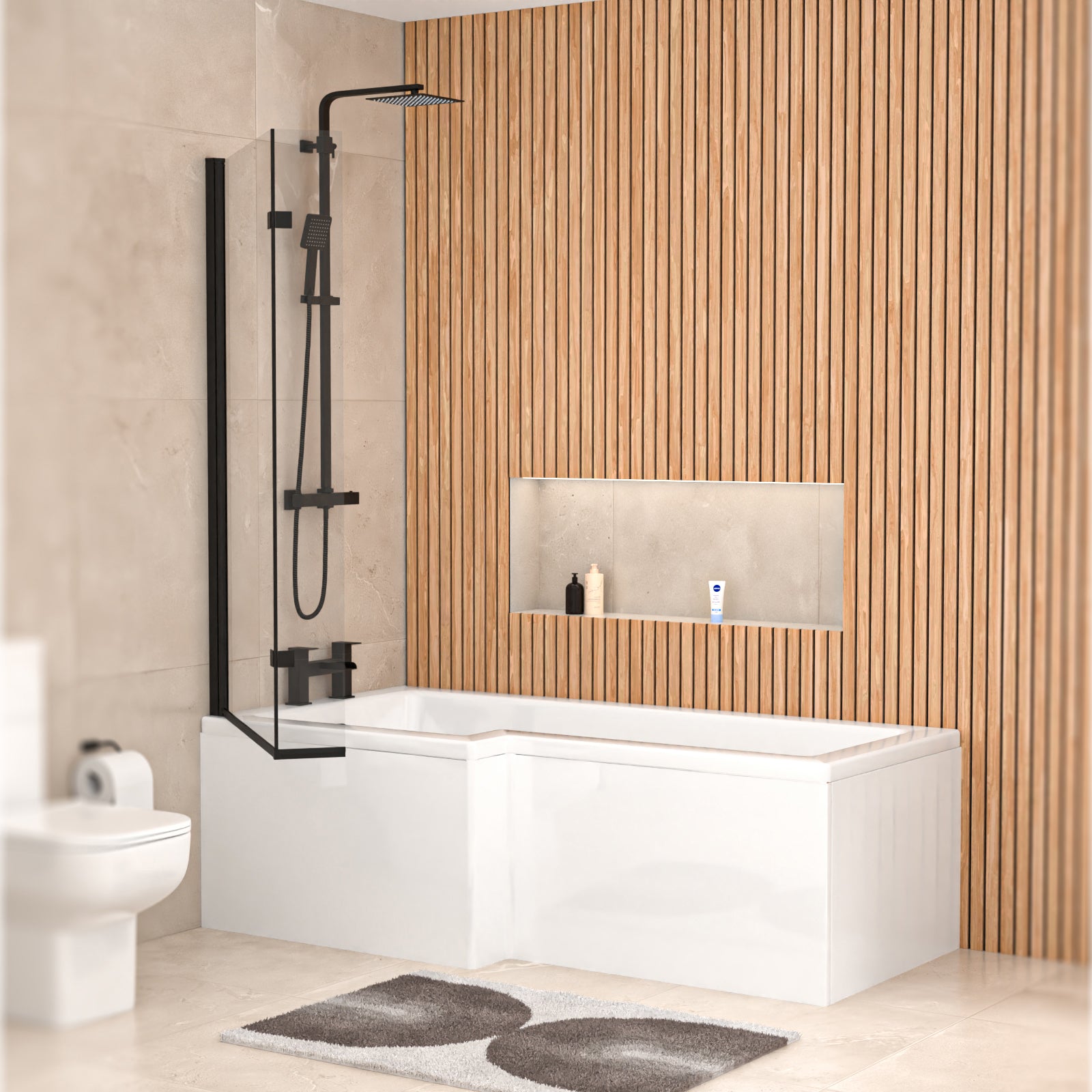 Left L Shaped Shower Bath With Front End Panel & Matte Black Screen