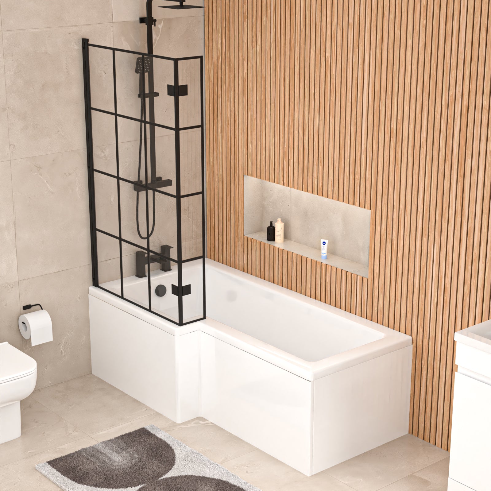 1700mm x 850mm Left Hand L Shaped Bath, Front Panel & Grid Screen