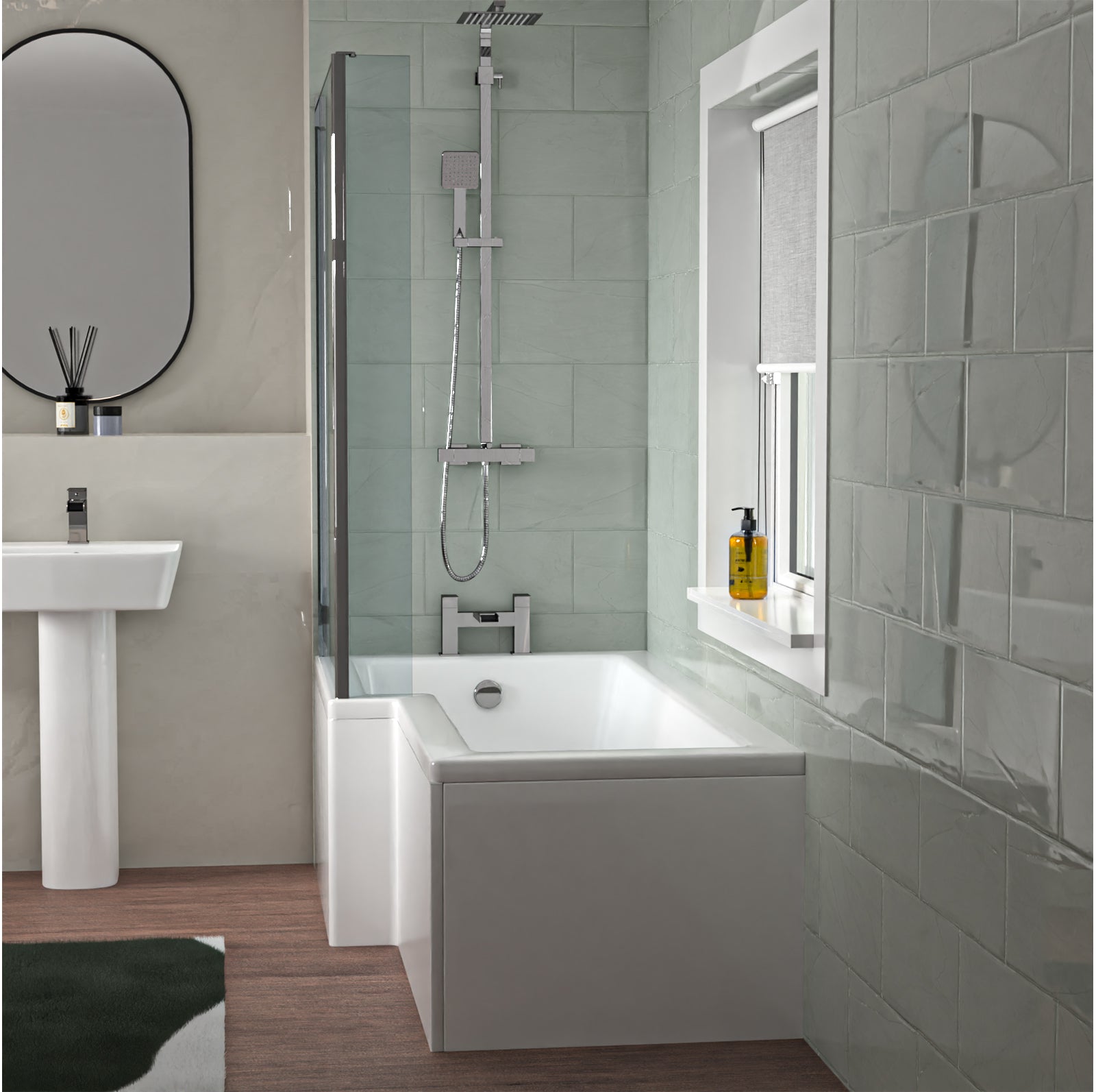 1700 x 850mm Left Hand L Shaped Shower Bath With Hinged Shower Screen