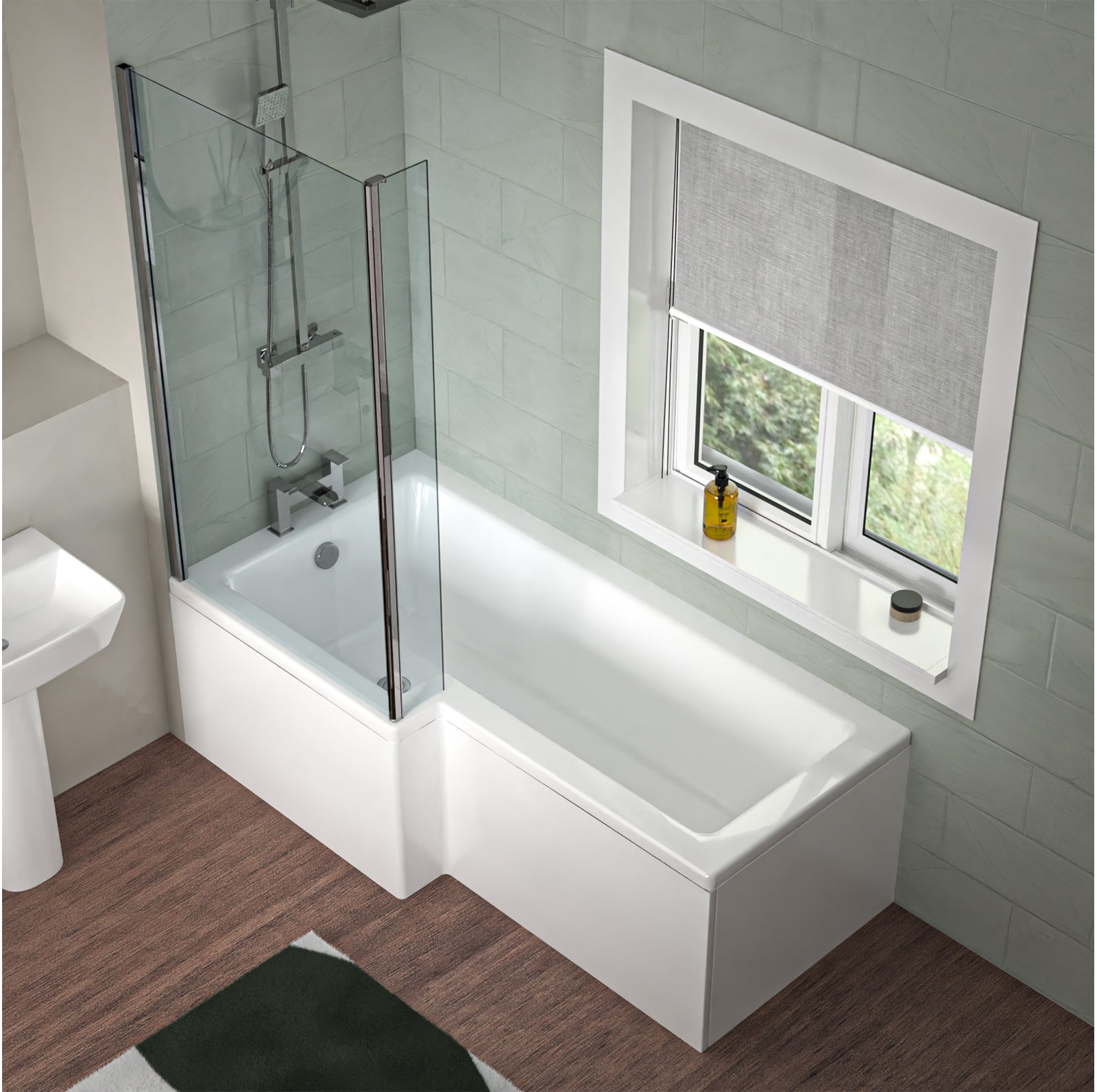 1700 x 850mm Left Hand L Shaped Shower Bath With Hinged Shower Screen