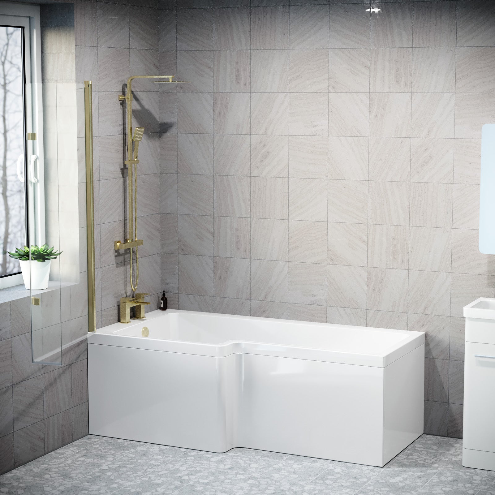 1700mm x 850mm Left Hand L Shaped Bath, Panel, Shower Screen