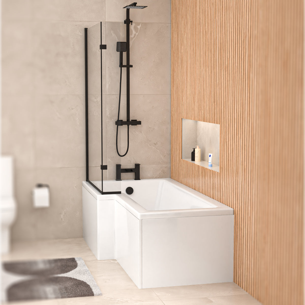 1700mm Left Hand L Shaped Shower Bath With Front Panel & Matte Black Screen