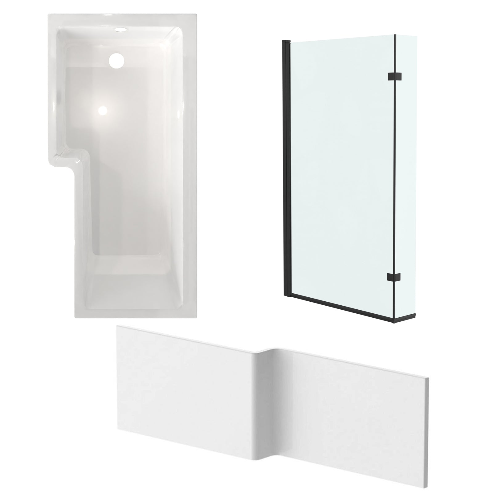 Left Hand L Shaped Shower Bath With Front Panel & Matte Black Screen