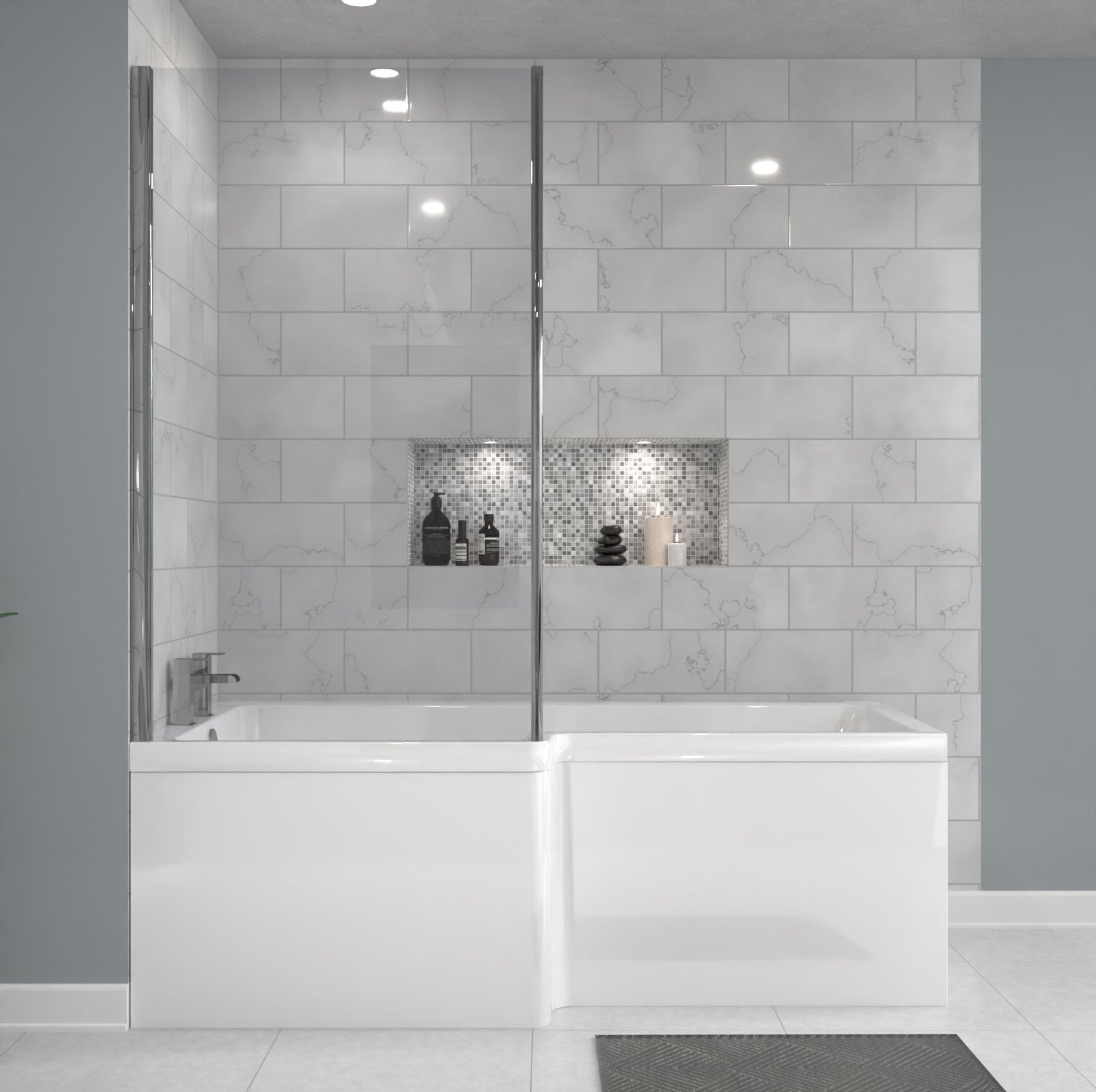 1700 x 850mm Left Hand L Shaped Shower Bath With Hinged Shower Screen