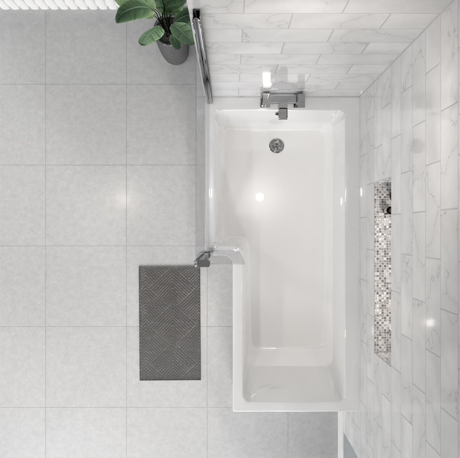 1700 x 850mm Left Hand L Shaped Shower Bath With Front End Panel & Hinged Shower Screen