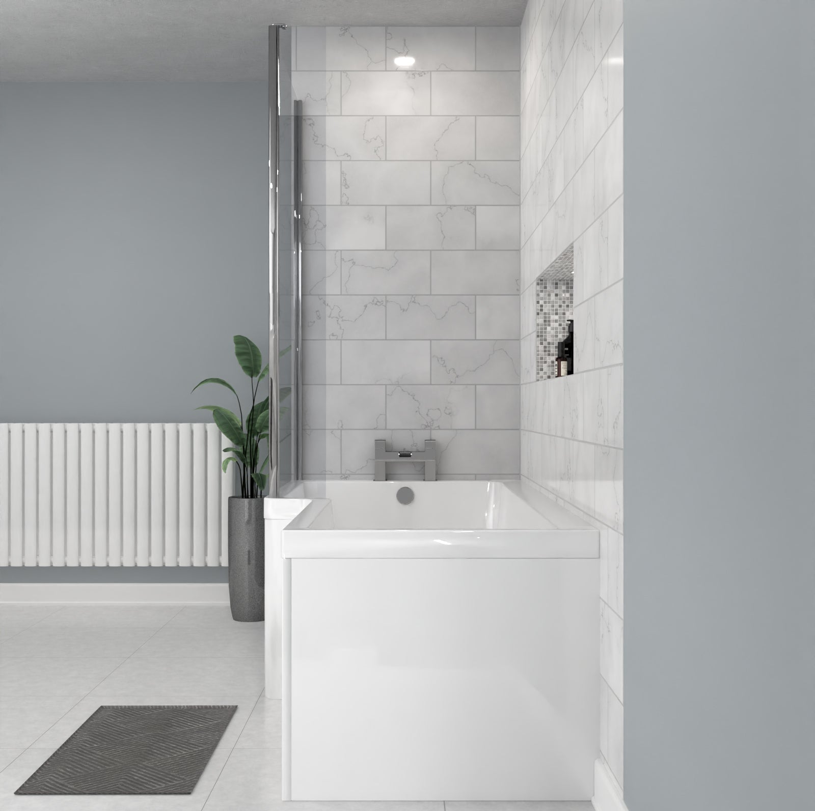 1700 x 850mm Left Hand L Shaped Shower Bath With Front End Panel & Hinged Shower Screen