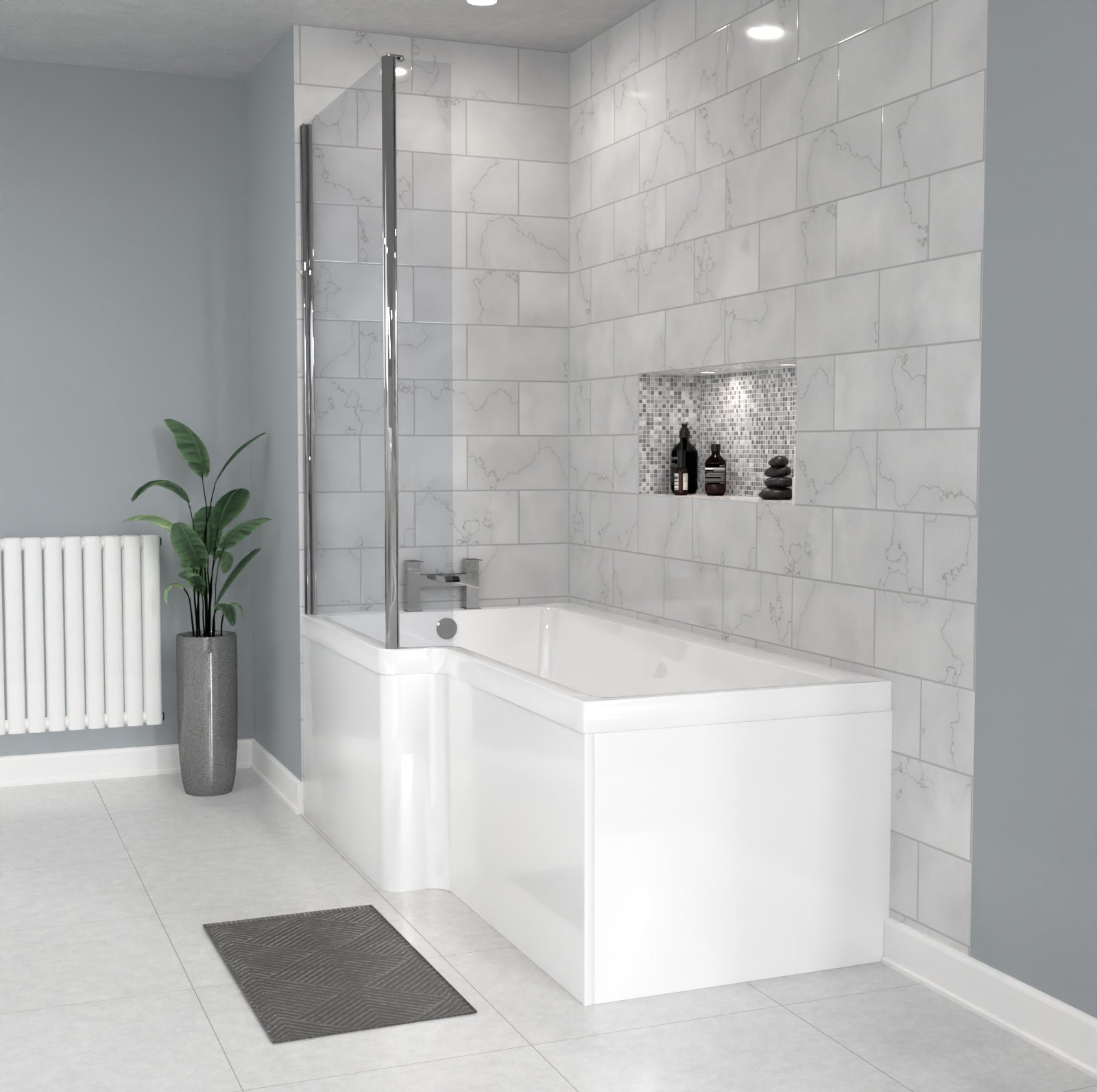 1700 x 850mm Left Hand L Shaped Shower Bath With Front End Panel & Hinged Shower Screen