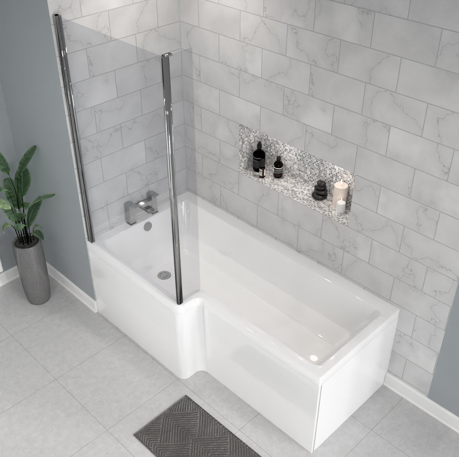 Portland 1700 x 850mm Left Hand L Shaped Shower Bath With Shower Screen