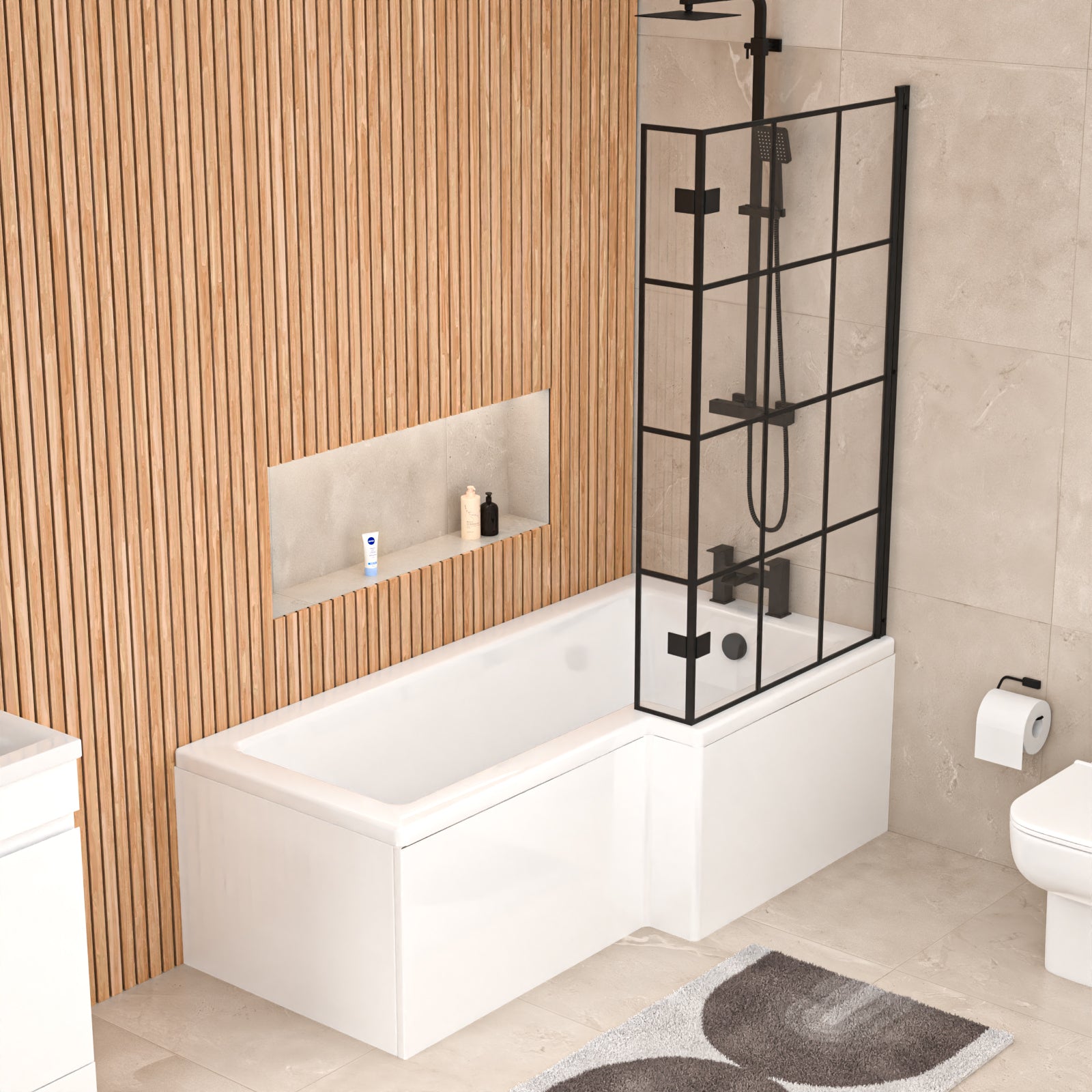 1700mm x 850mm Right Hand L Shaped Bath, Bath Panels & Shower Screen