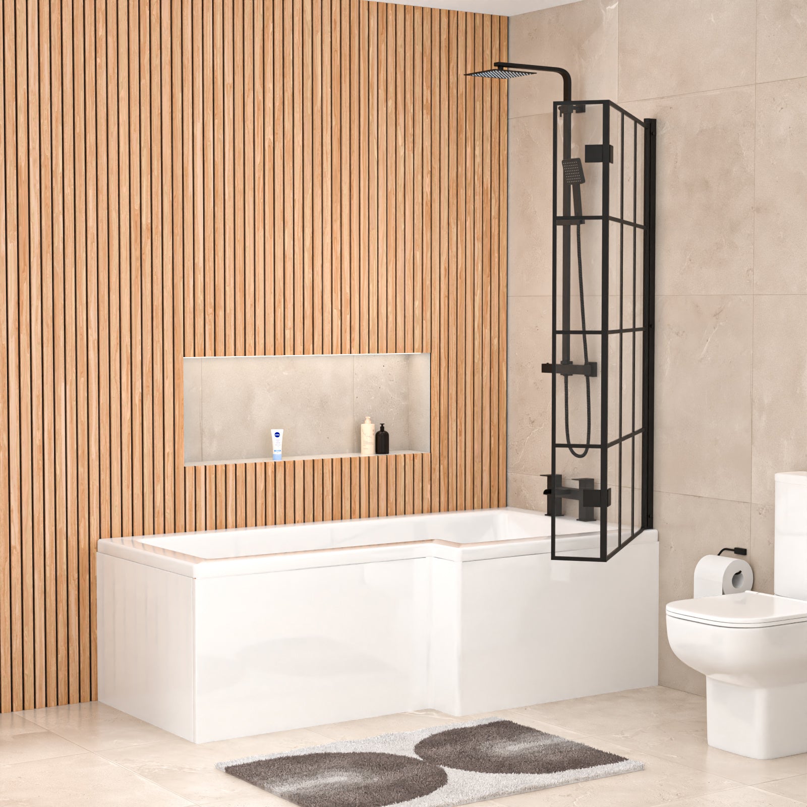 1700mm x 850mm Right Hand L Shaped Bath, Bath Panels & Shower Screen