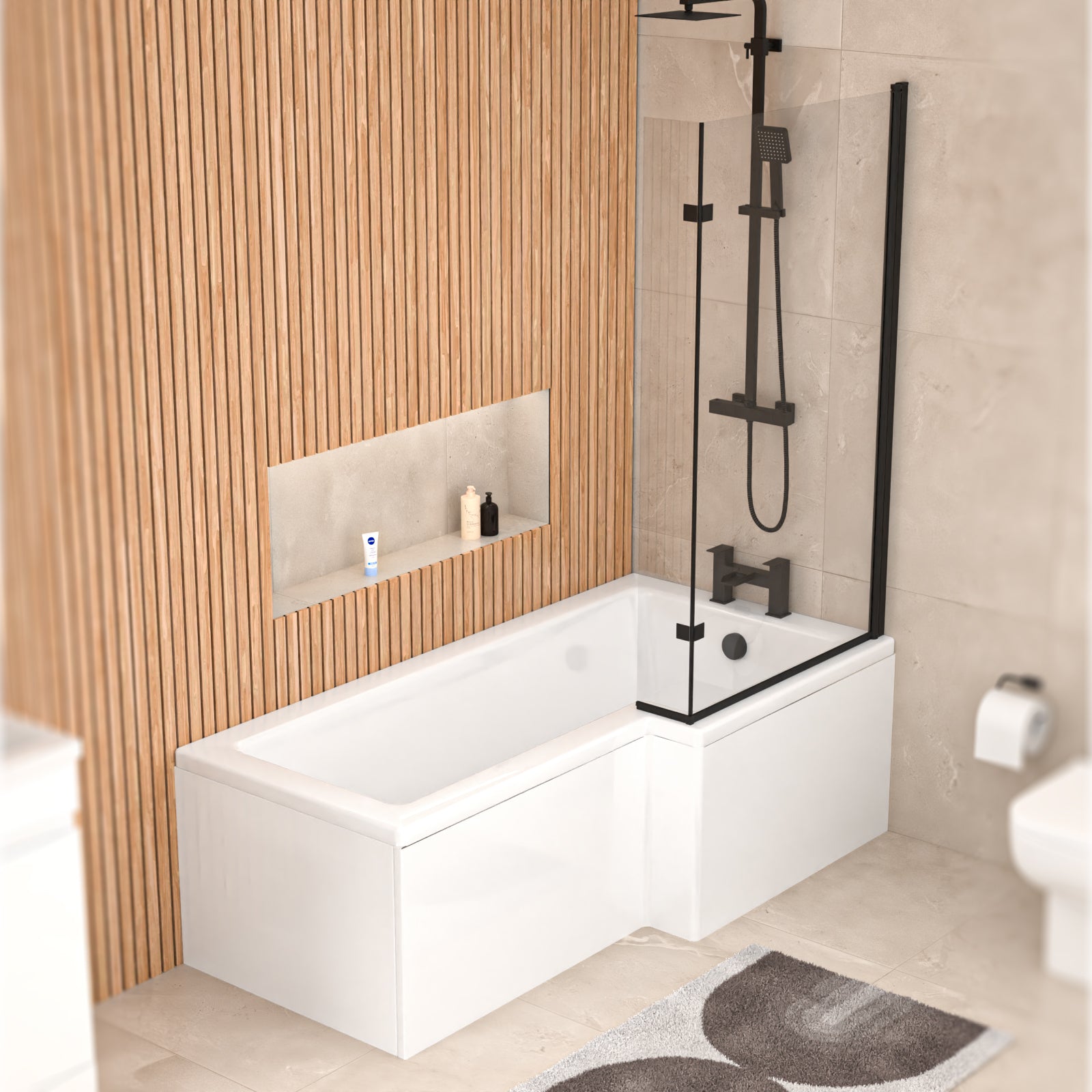 Right hand L-Shaped Shower Bath With Front End Panel & Matte Black Screen