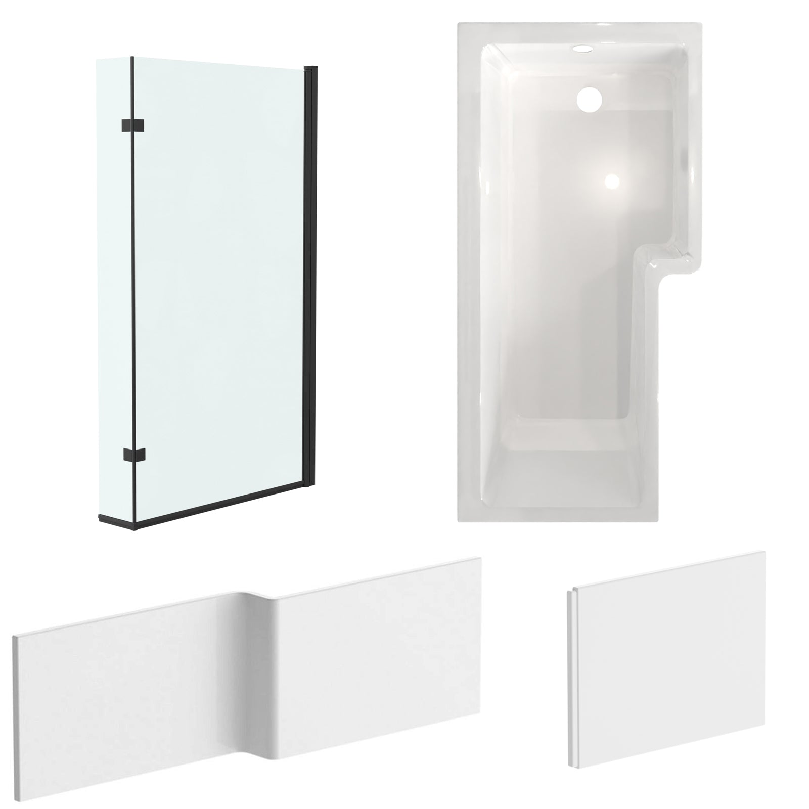 Right hand L-Shaped Shower Bath With Front End Panel & Matte Black Screen