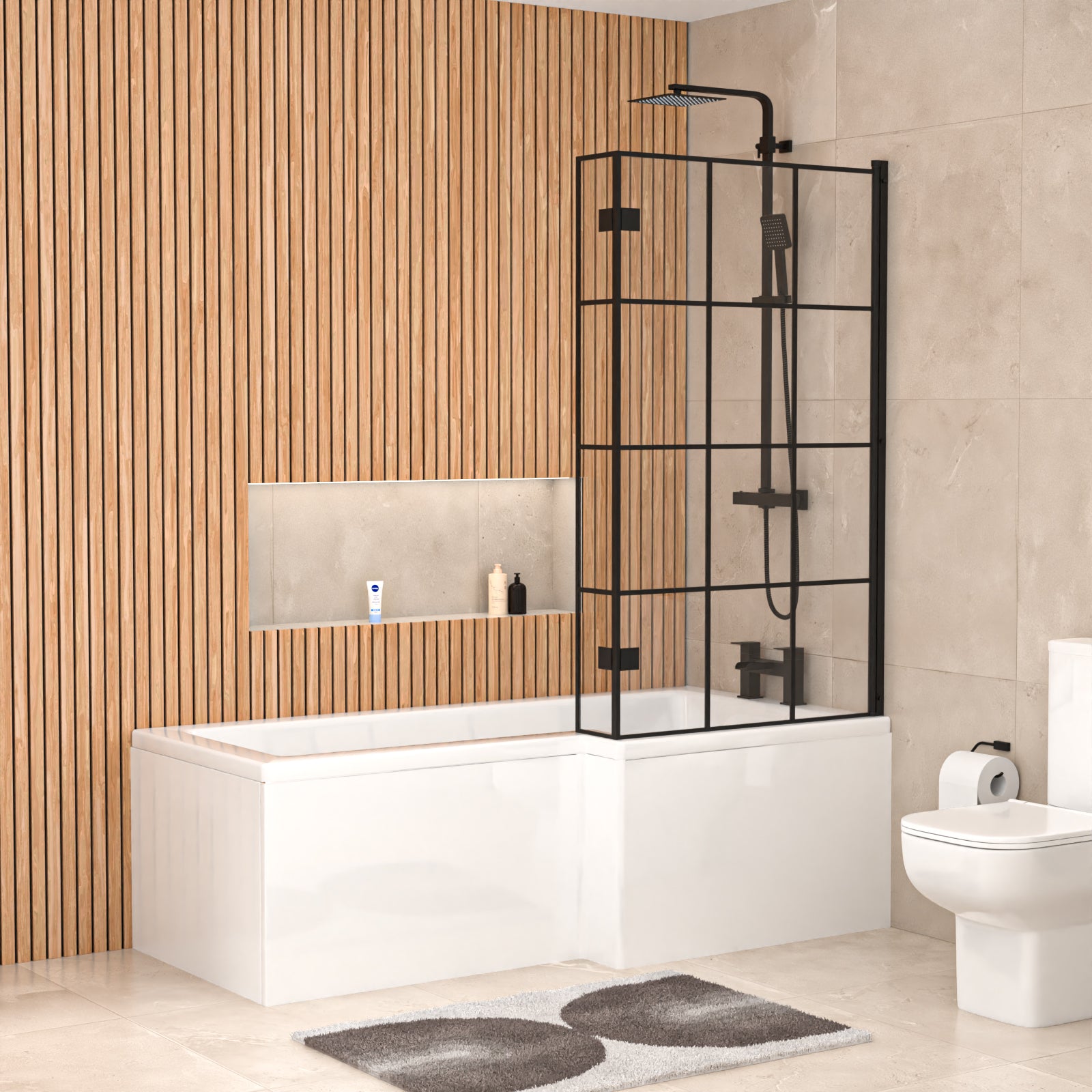 1700mm x 850mm Right Hand L Shaped Bath, Front Panel & Grid Screen