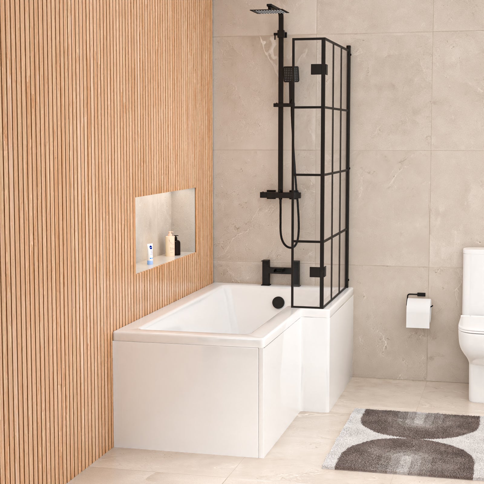 1700mm x 850mm Right Hand L Shaped Bath, Front Panel & Grid Screen