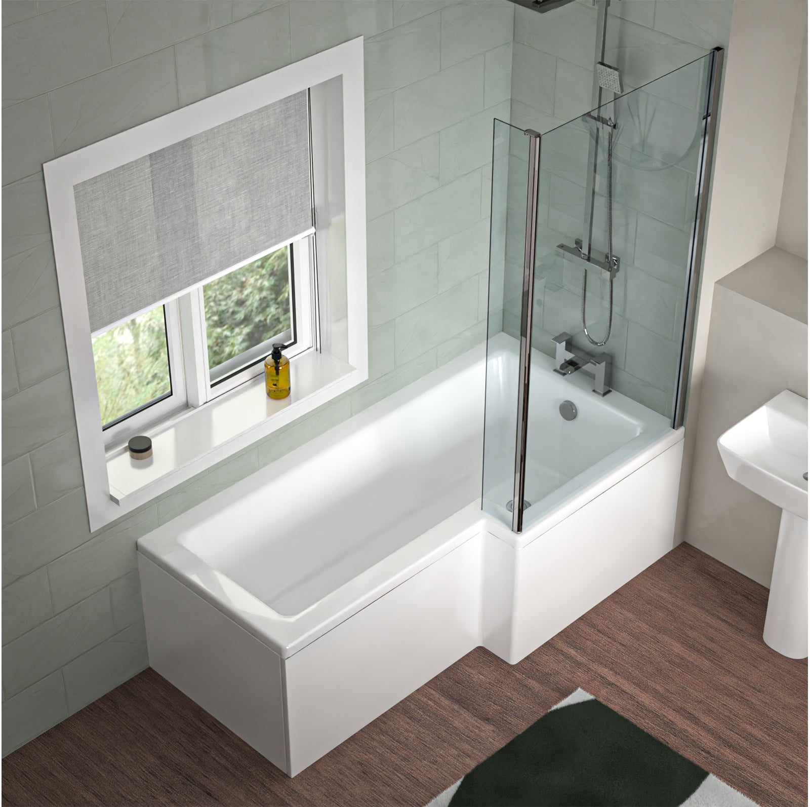 1700 x 850mm Right Hand L Shaped Shower Bath With Front Panel & Hinged Shower Screen