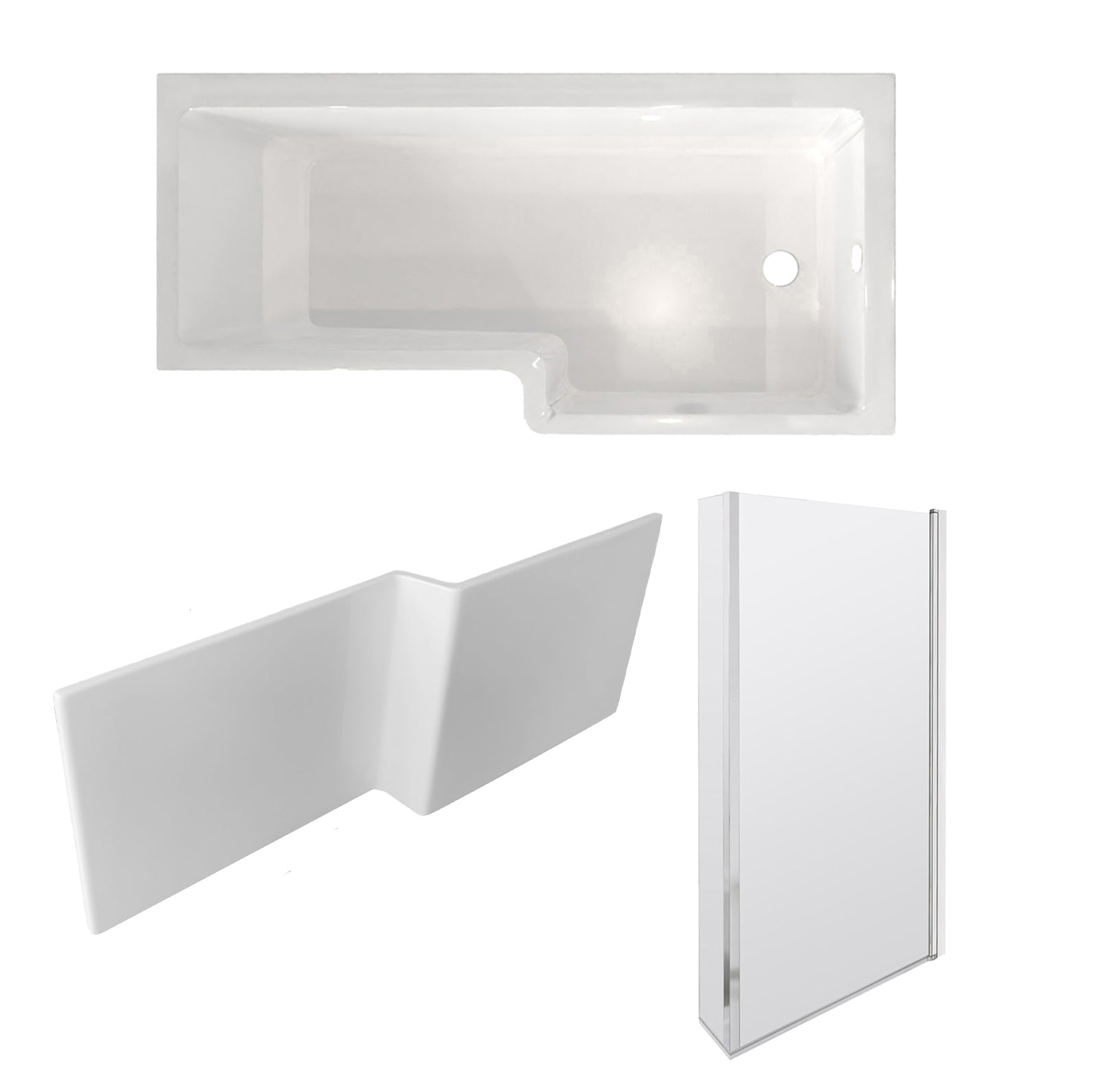 1700 x 850mm Right Hand L Shaped Shower Bath With Front Panel & Hinged Shower Screen