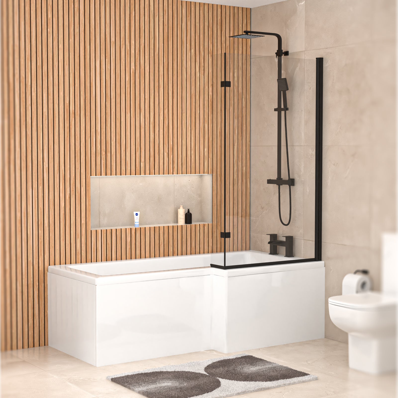 1700mm x 850mm  Right Hand L Shaped Bath, Panel, Screen Matte Black