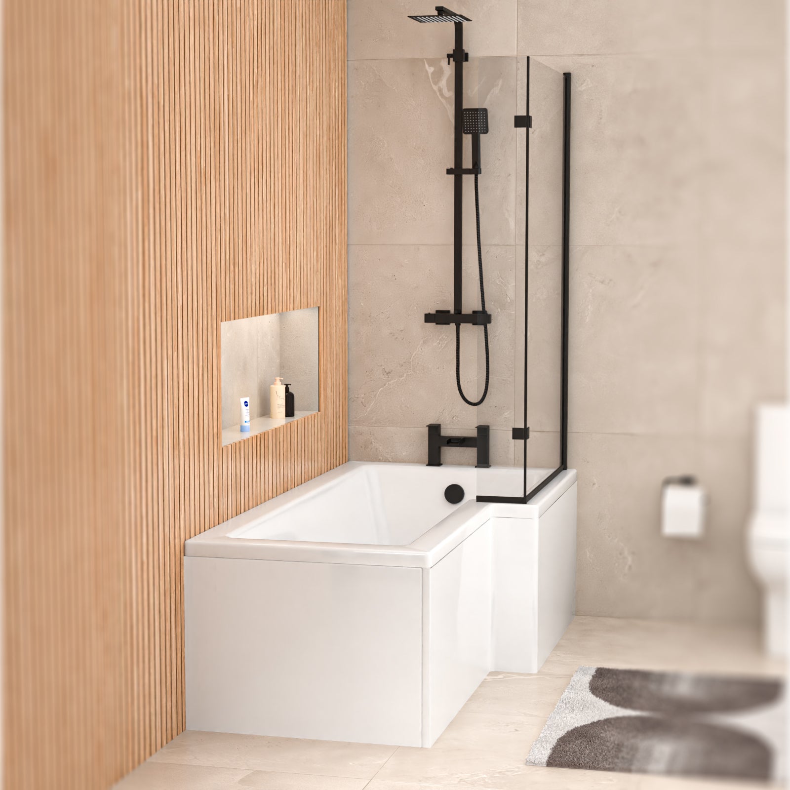 1700mm x 850mm  Right Hand L Shaped Bath, Panel, Screen Matte Black