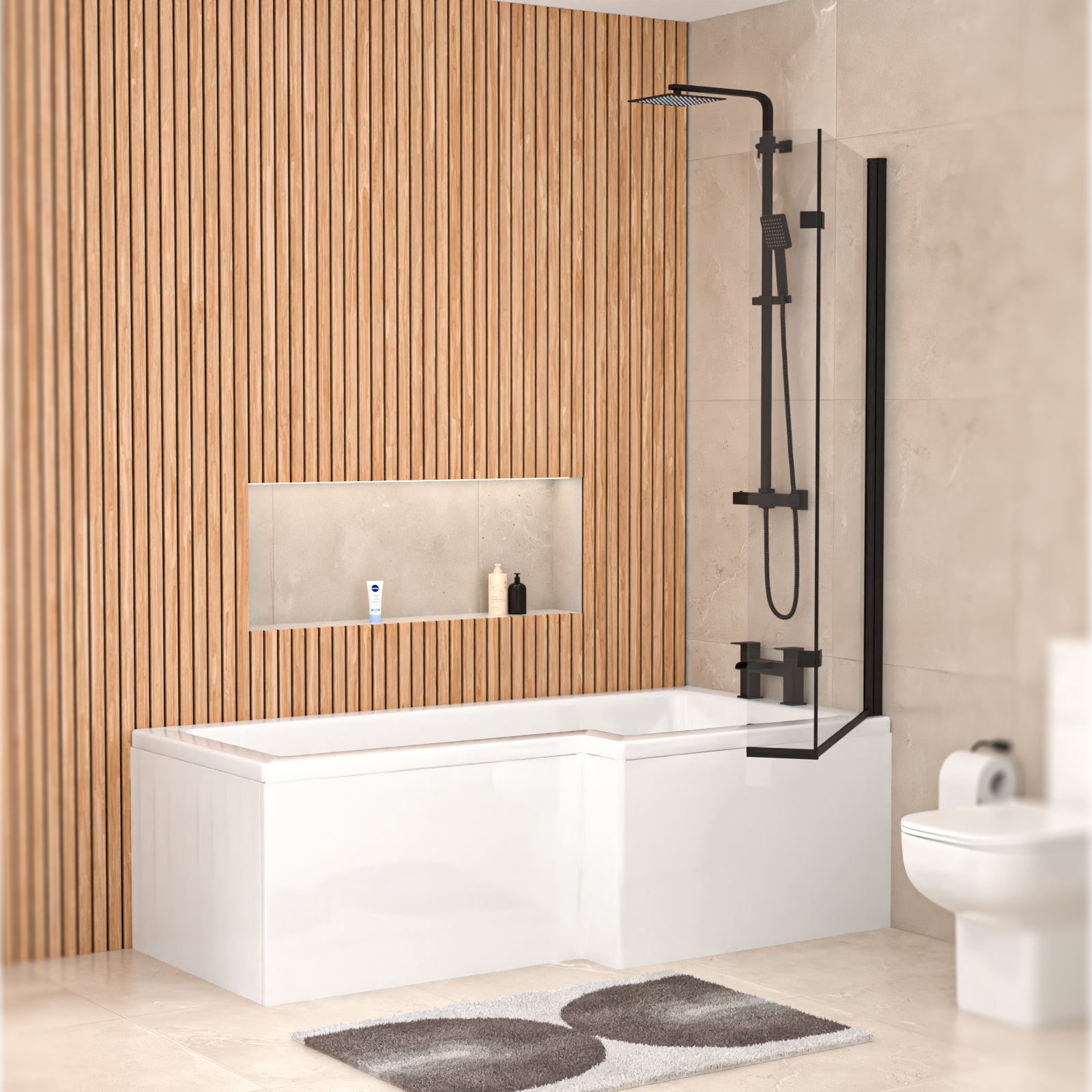 1700mm x 850mm  Right Hand L Shaped Bath, Panel, Screen Matte Black
