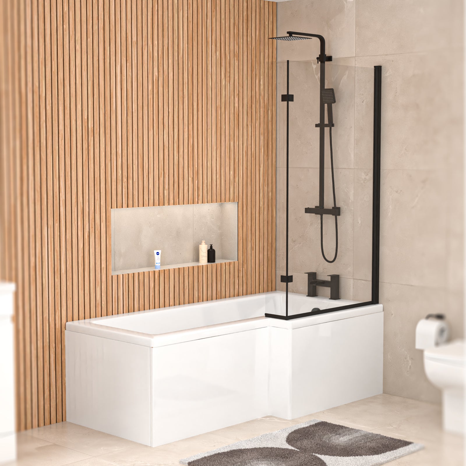 1700mm x 850mm  Right Hand L Shaped Bath, Panel, Screen Matte Black