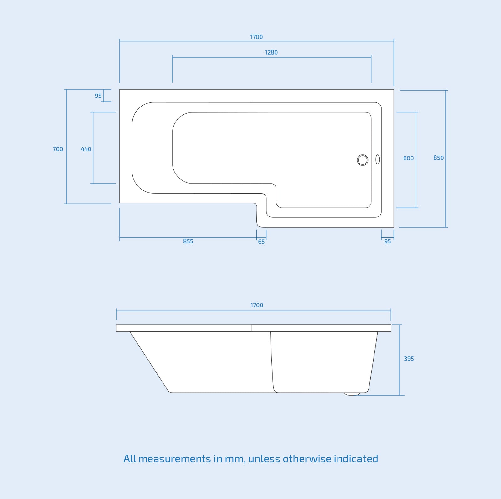 Portland 1700 x 850mm Right Hand L Shaped Shower Bath, Front Panel & End Panel