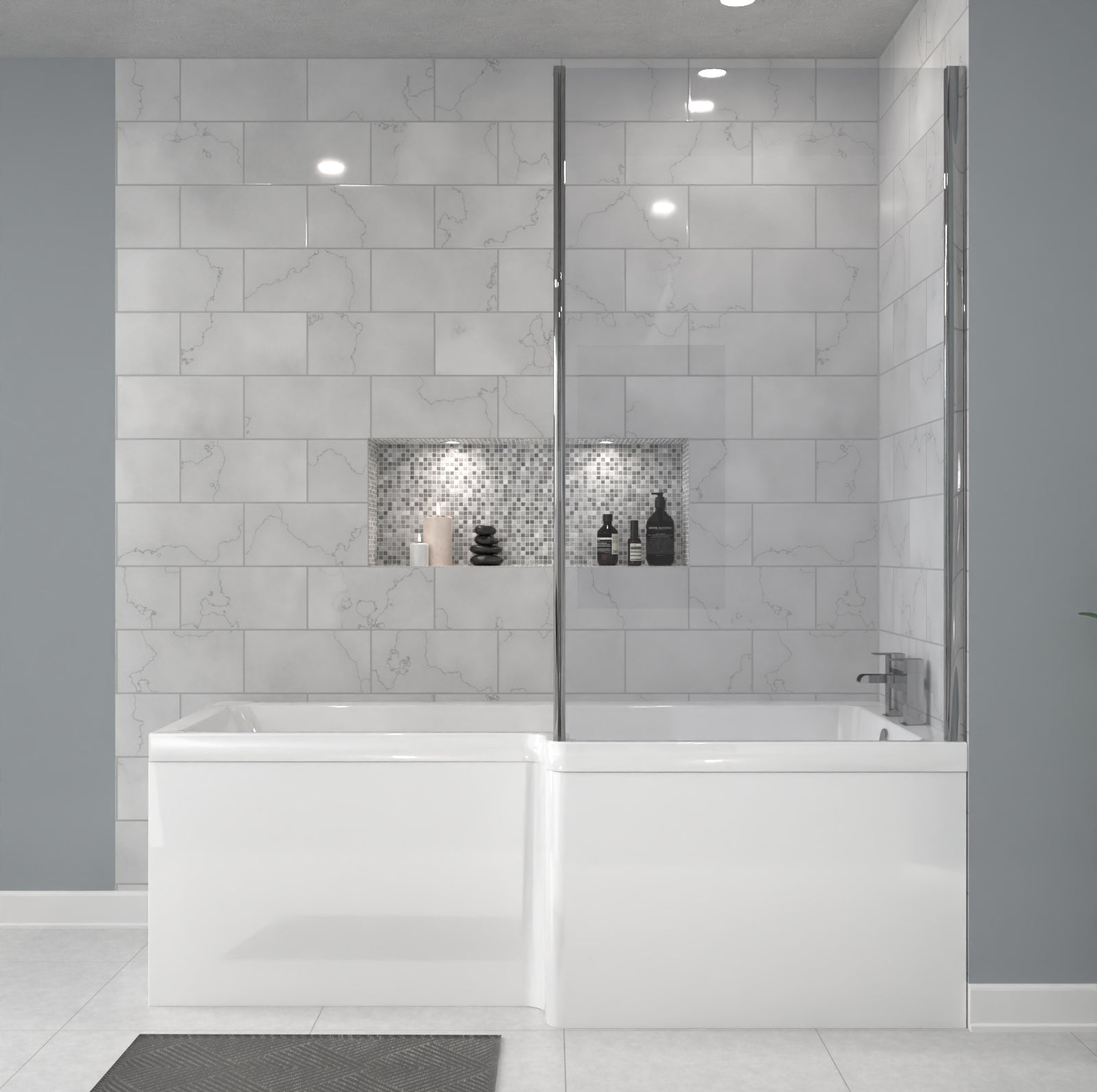 1700 x 850mm Right Hand L Shaped Shower Bath With Front Panel & Hinged Shower Screen