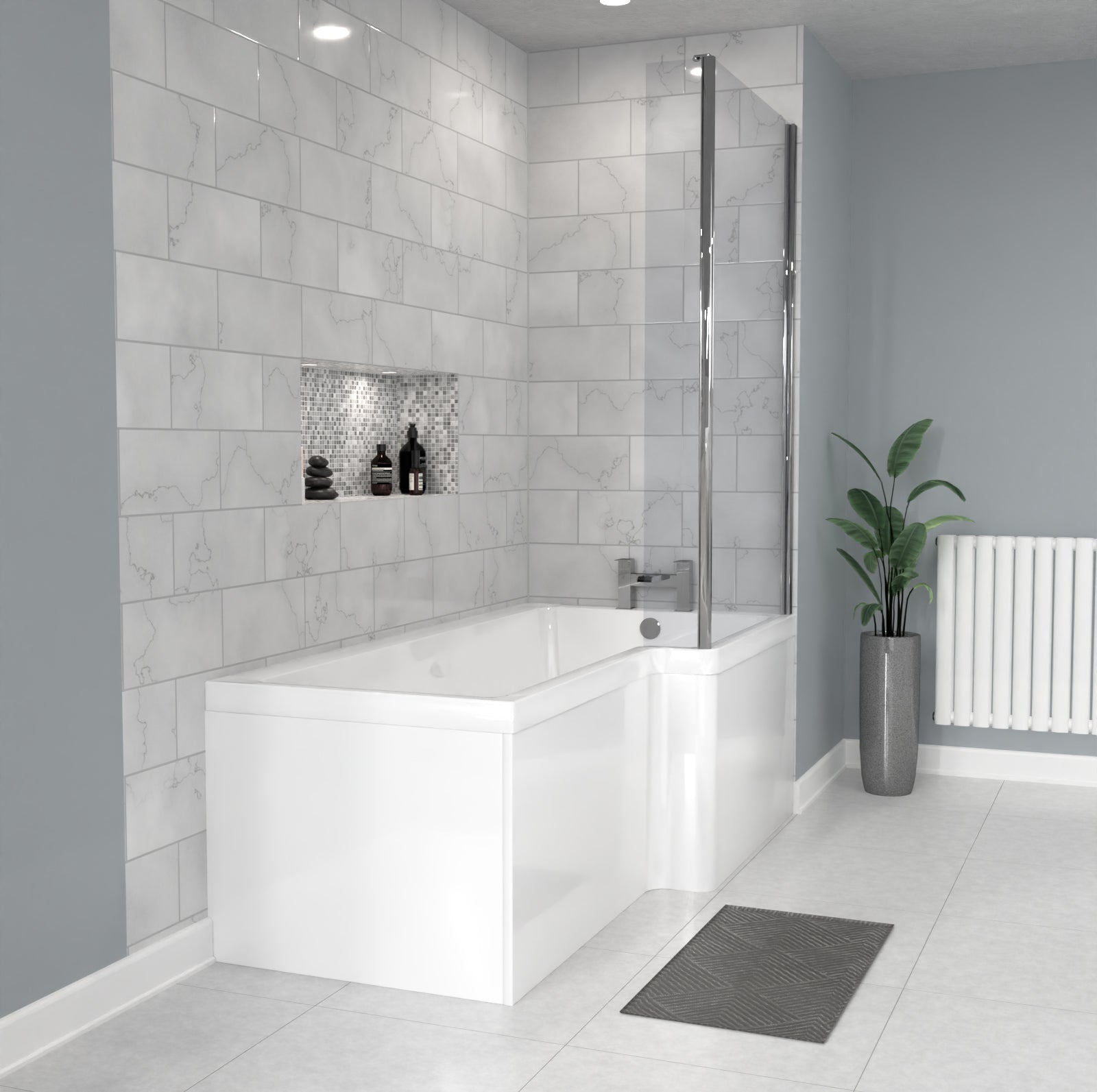 1700 x 850mm Right Hand L Shaped Shower Bath With Front Panel & Hinged Shower Screen