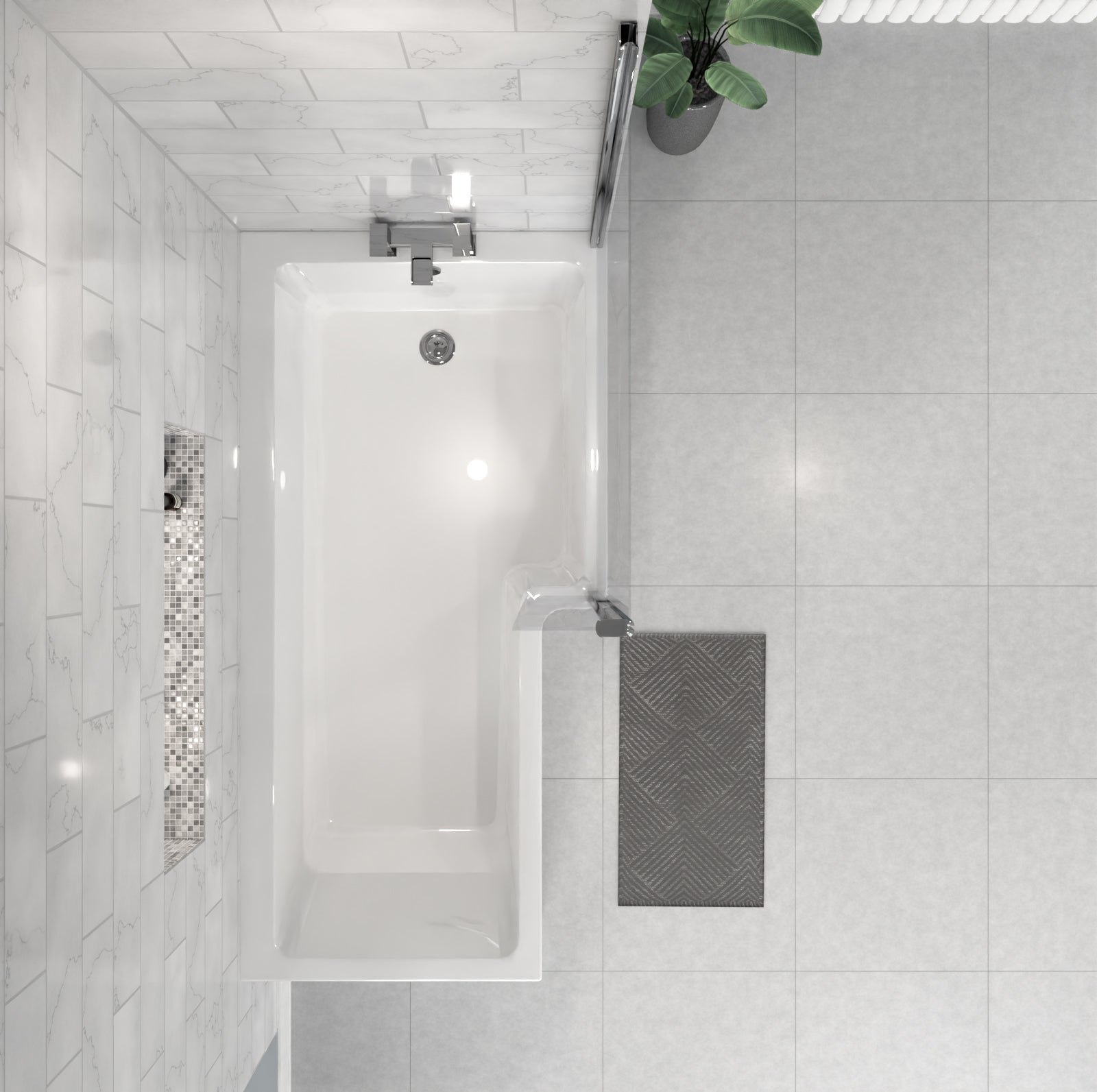 1700 x 850mm Right Hand L Shaped Shower Bath With Front Panel & Hinged Shower Screen