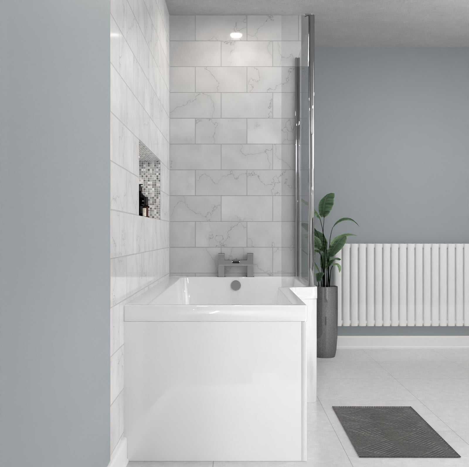 1700 x 850mm Right Hand L Shaped Shower Bath With Front End Panel & Hinged Shower Screen