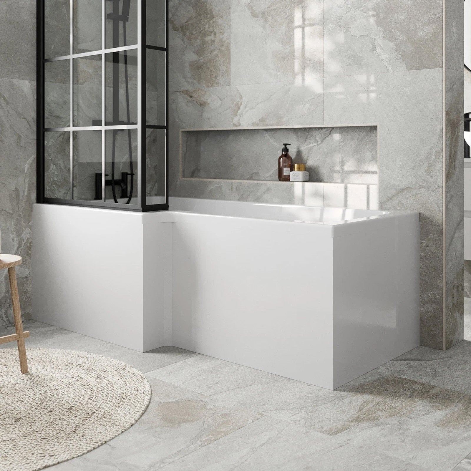 Nes Home White 1700mm Water Proof L Shaped Square Offset Front Bath Panel