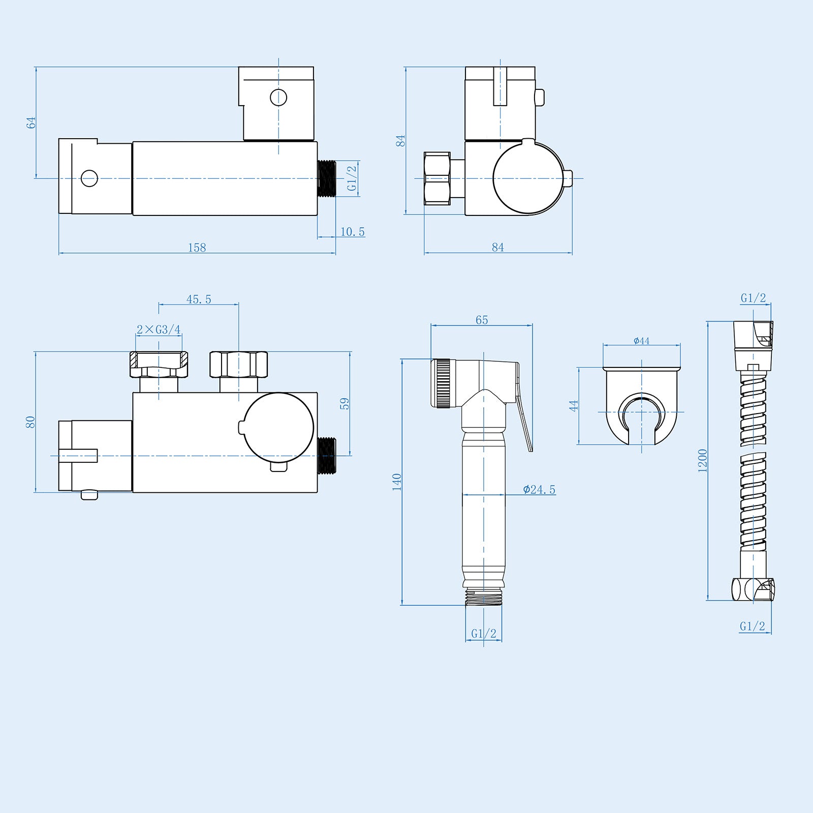Modern Chrome Bidet Douche Mini Thermostatic Bar Valve And Spray Kit