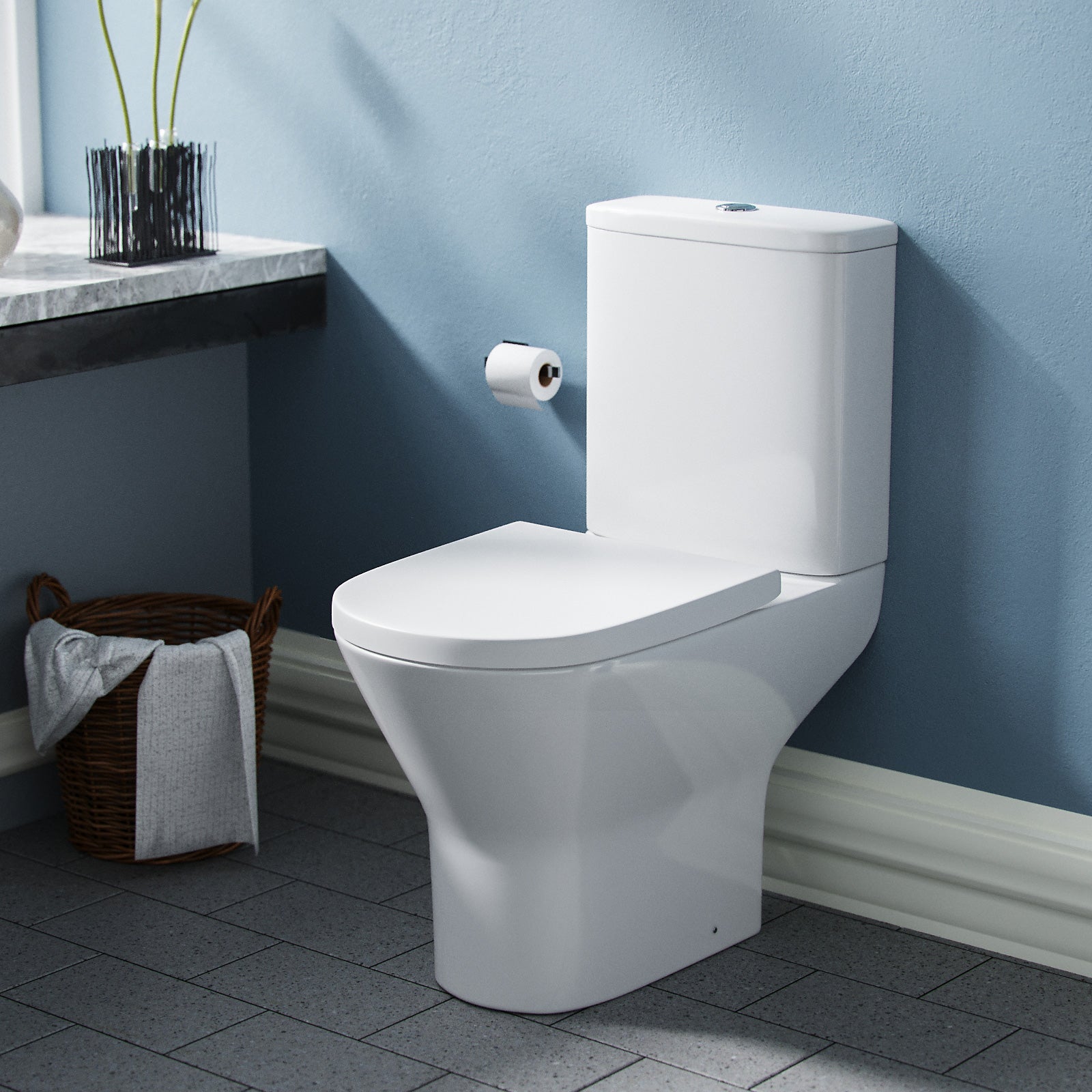 Modern Close Coupled Rimless Round Toilet Ceramic Soft Closing Seat White Oakham