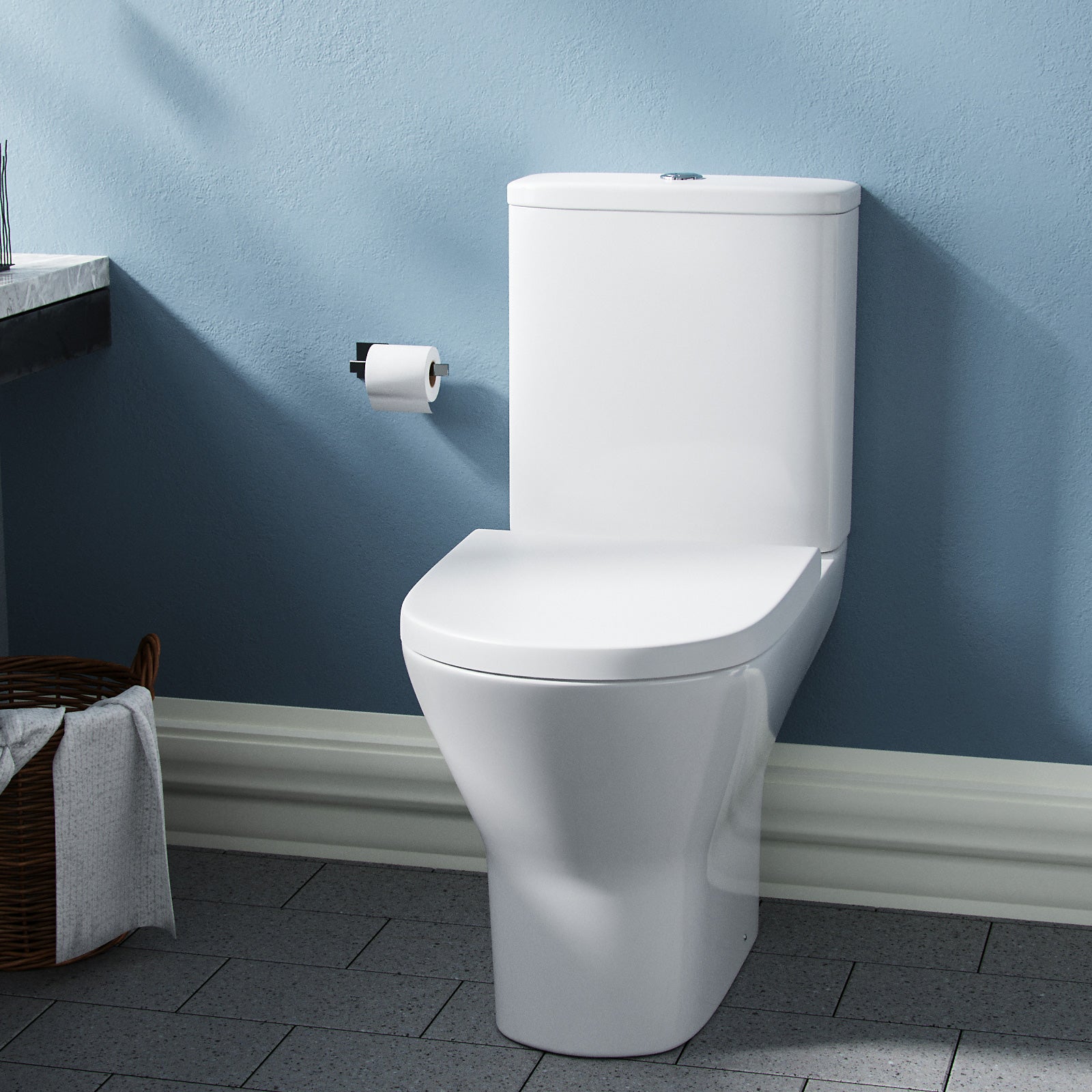 Modern Close Coupled Rimless Round Toilet Ceramic Soft Closing Seat White Oakham