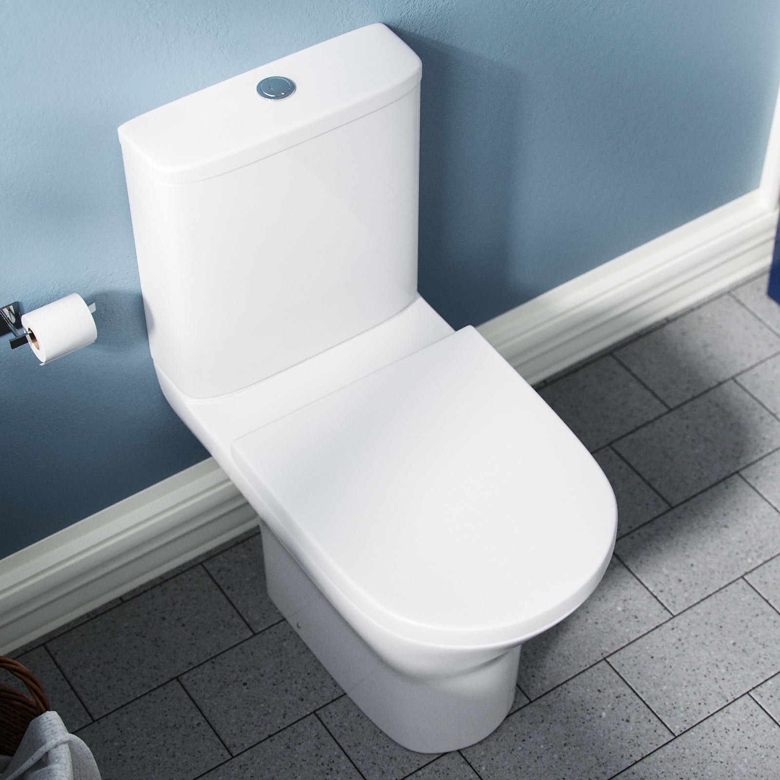 Modern Close Coupled Rimless Round Toilet Ceramic Soft Closing Seat White Oakham