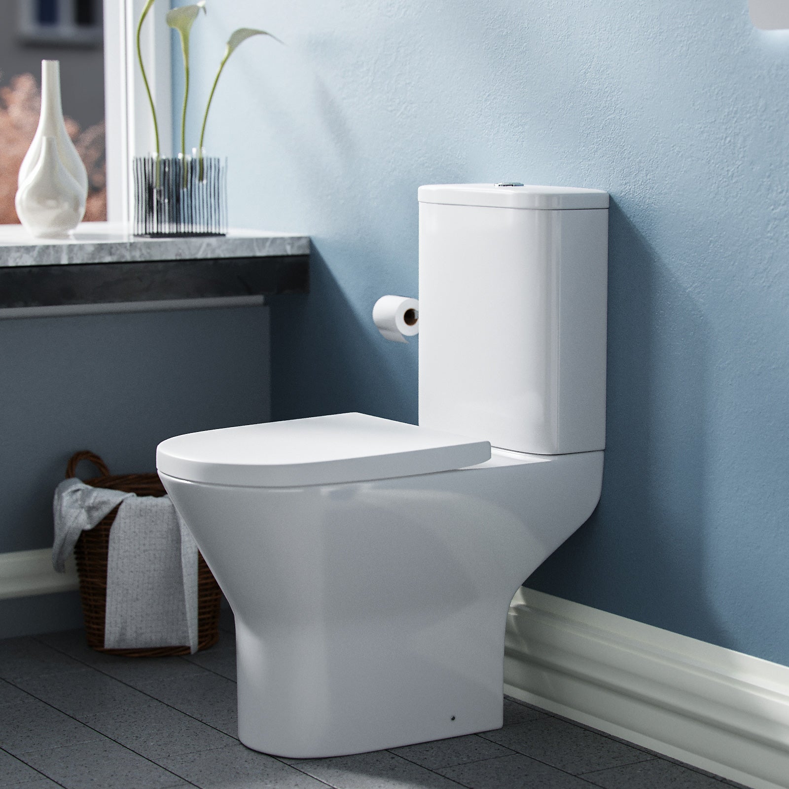 Modern Close Coupled Rimless Round Toilet Ceramic Soft Closing Seat White Oakham