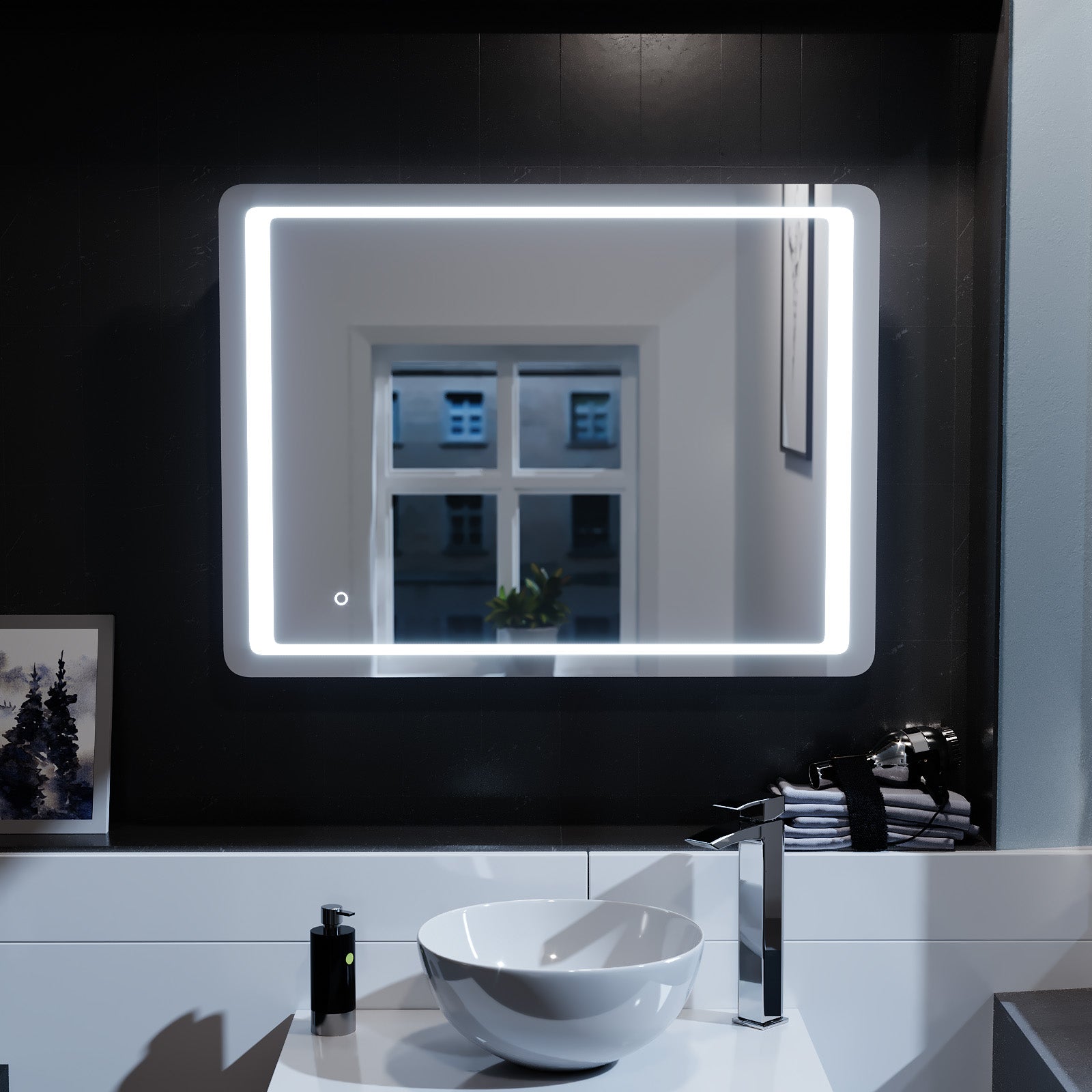 Lawerence Full Inset LED 800mm x 600mm Round Corner Bathroom Mirror