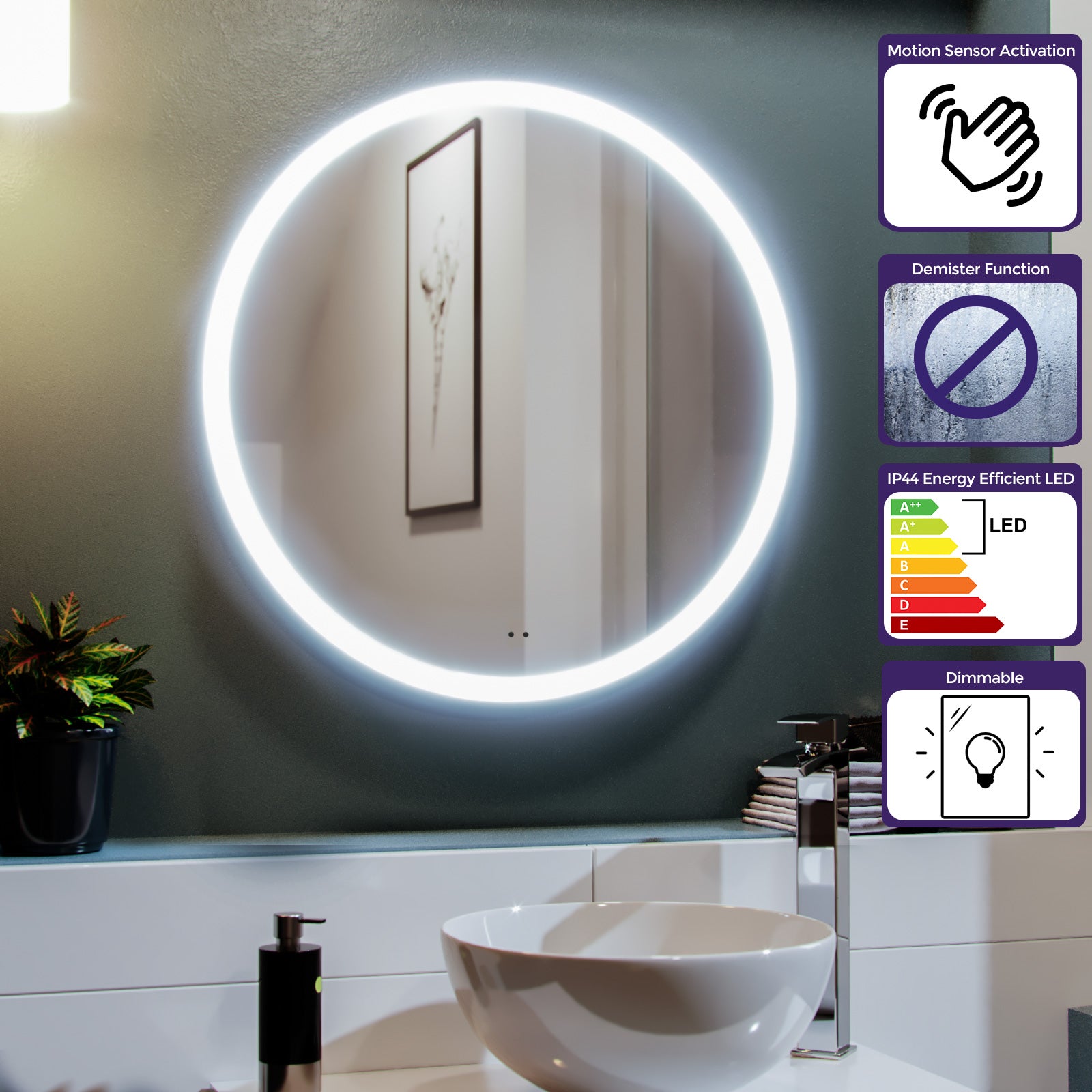 Lawerence Round Motion Sensor Bathroom LED Mirror Demister Anti-fog 600mm