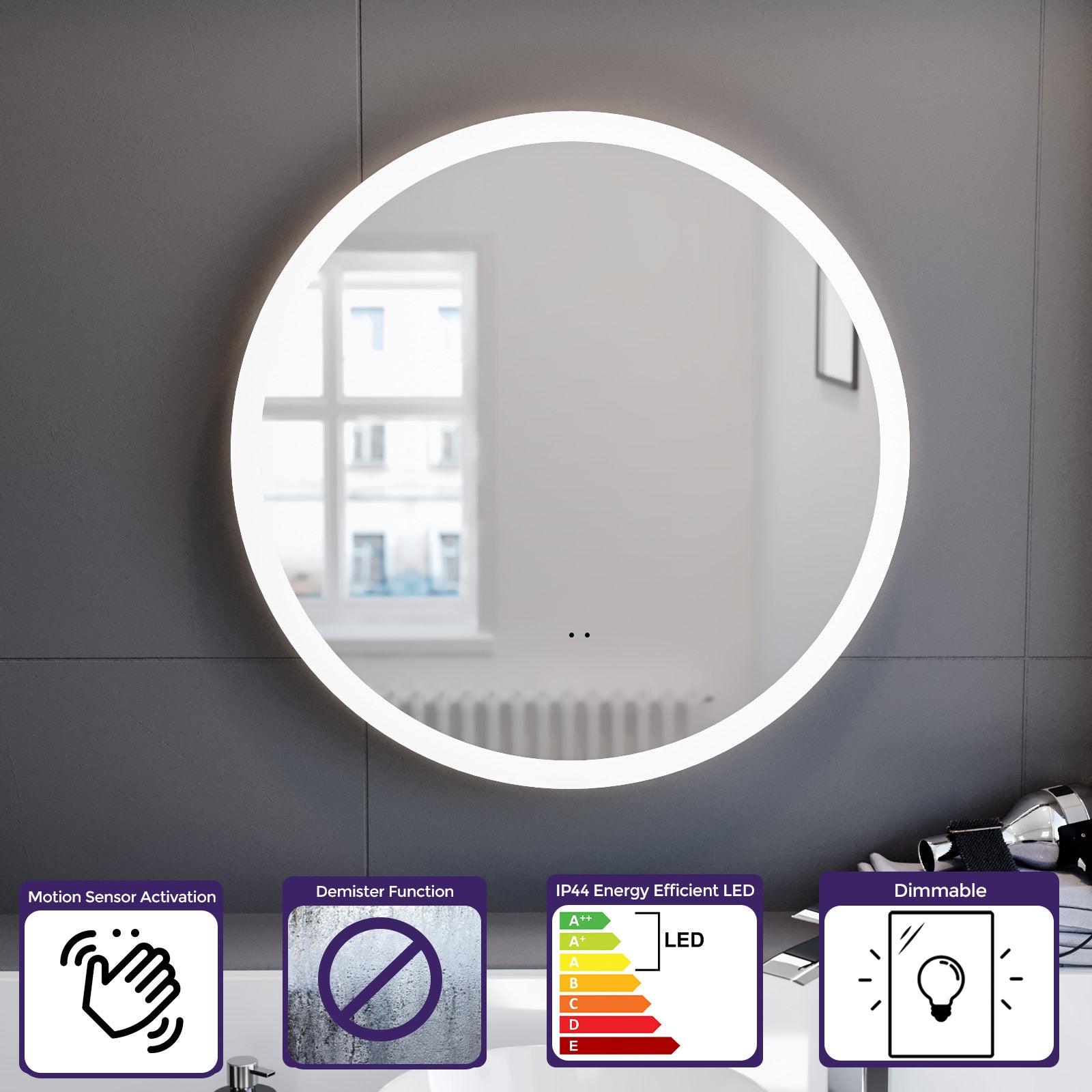 Lawerence Round Motion Sensor Bathroom LED Mirror Demister Anti-fog 600mm