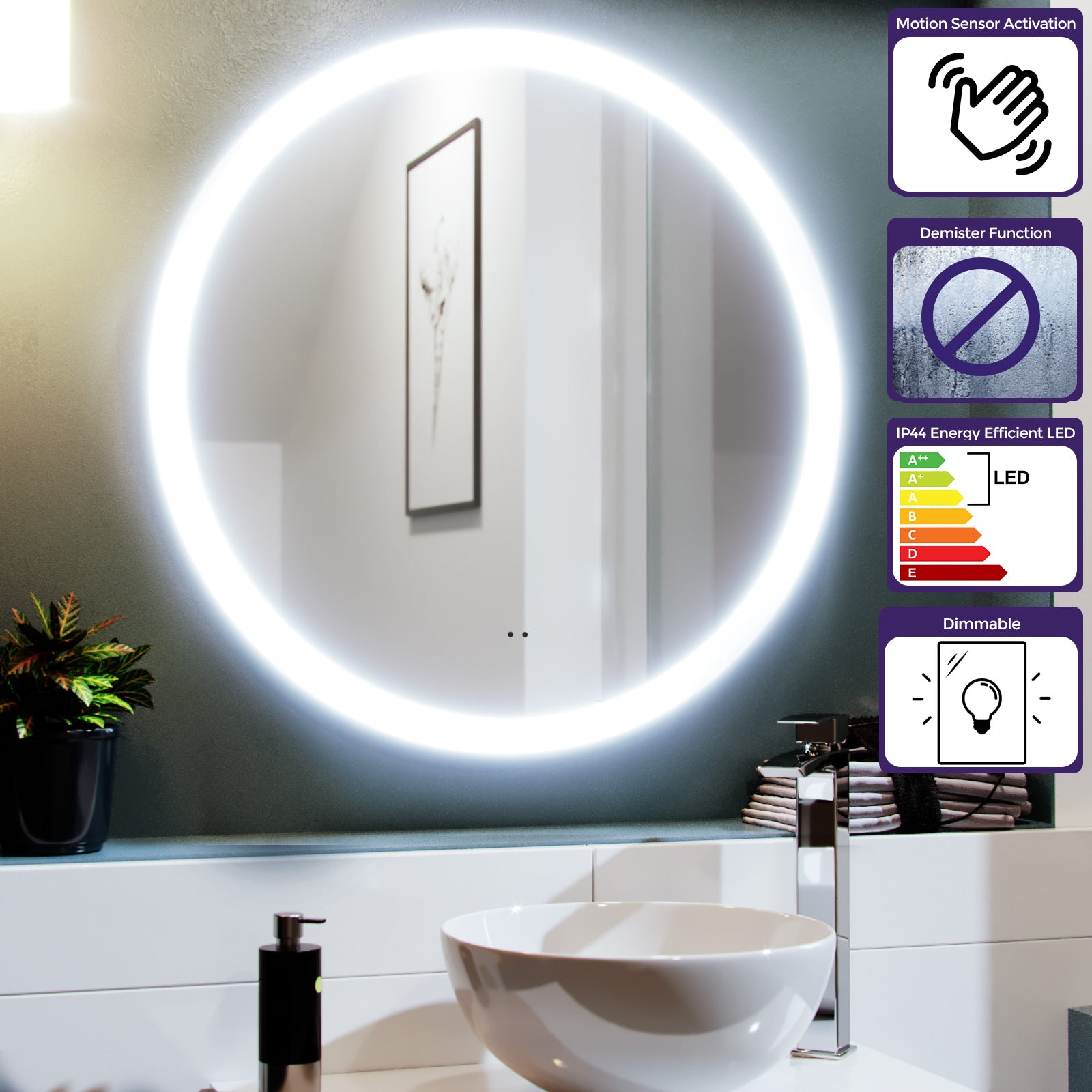 Lawerence Round Motion Sensor Bathroom LED Mirror Demister Anti-fog 700mm