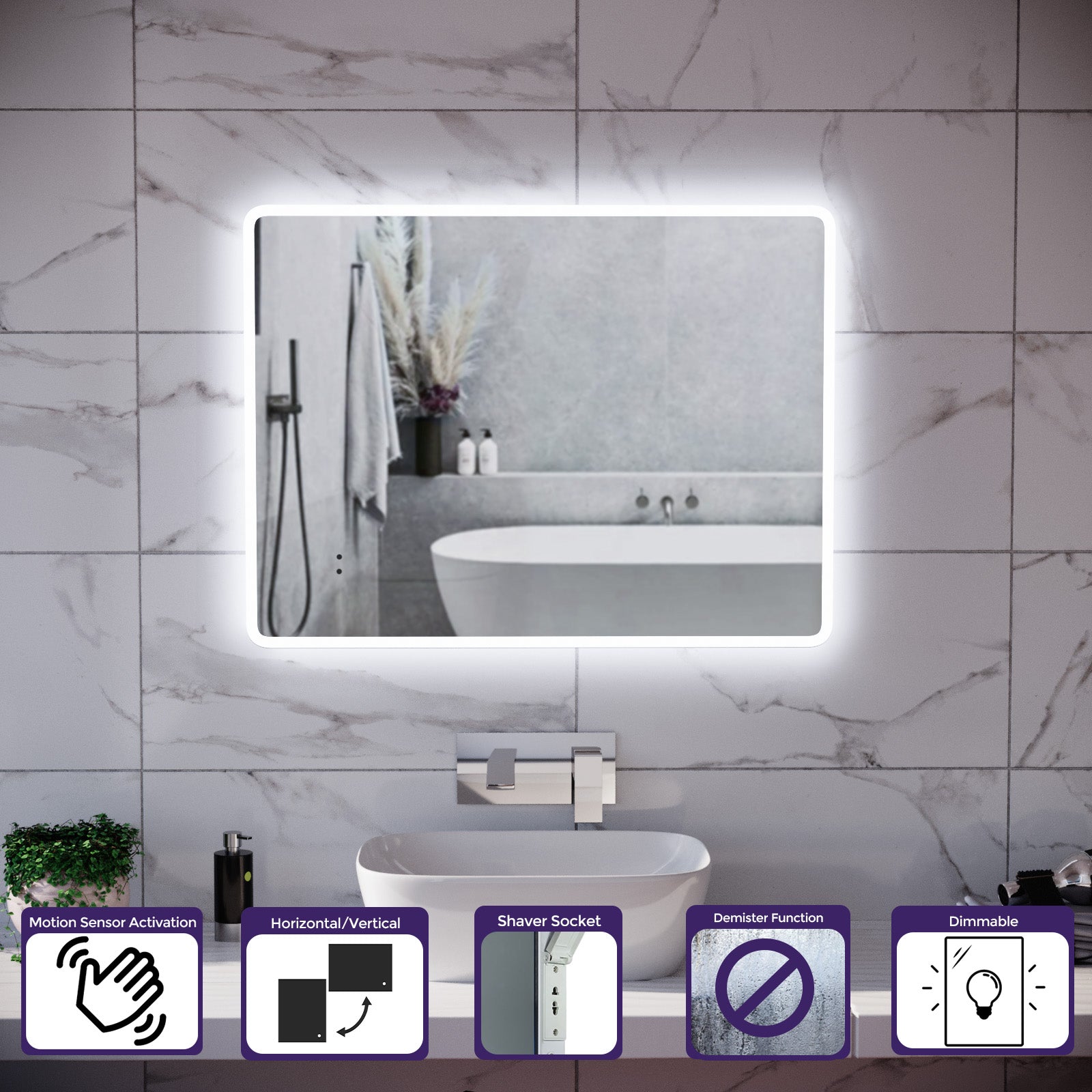 Motion Sensor Bathroom LED Mirror Shaver Socket Demister 600 x 800mm