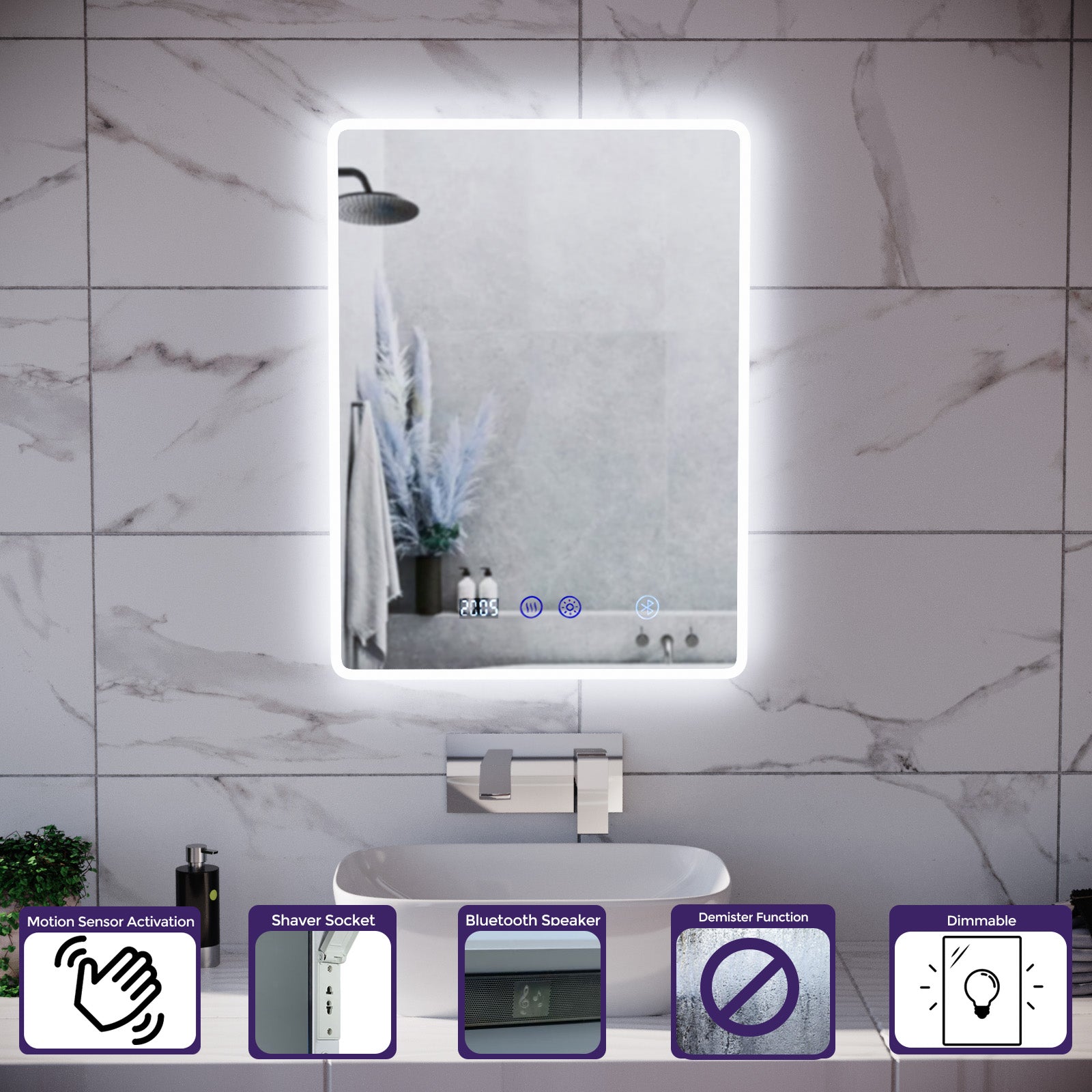 Motion Sensor Bathroom LED Mirror Bluetooth With Clock 500 x 700mm