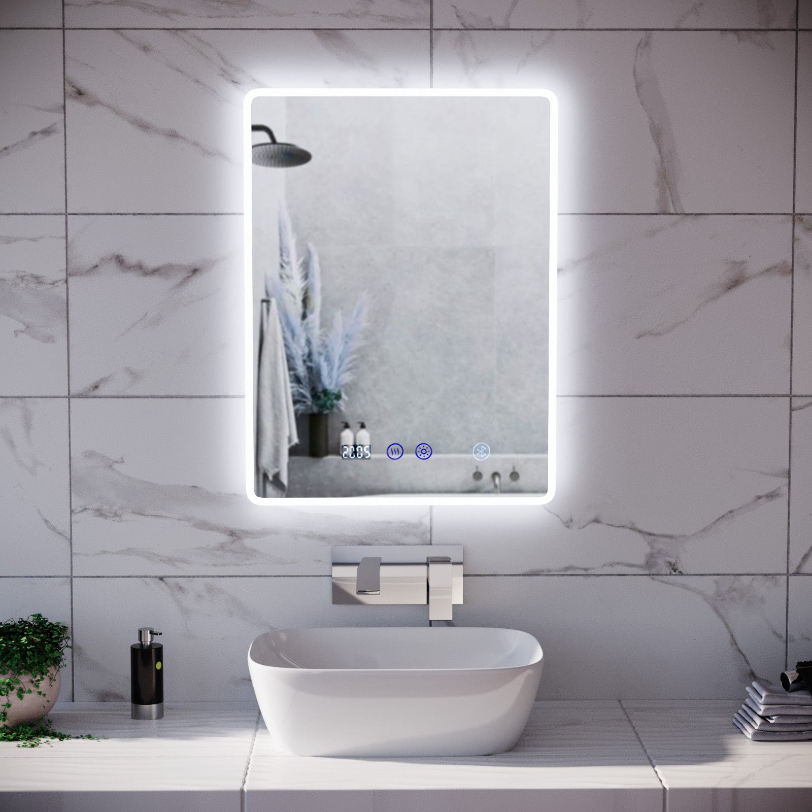 Touch Sensitive Bathroom LED Mirror Bluetooth With Clock 500 x 700mm