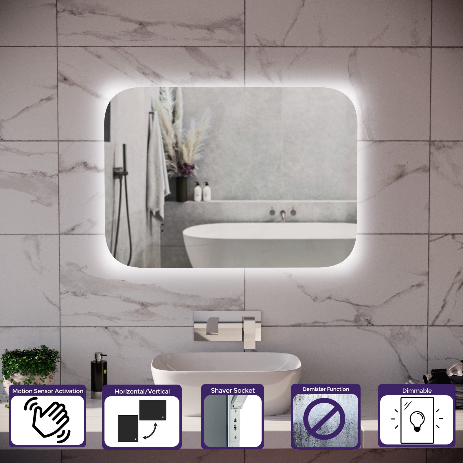 Motion Sensor Bathroom LED Mirror Rectangular Round Edge Shaver Socket Demister 600 x 800mm