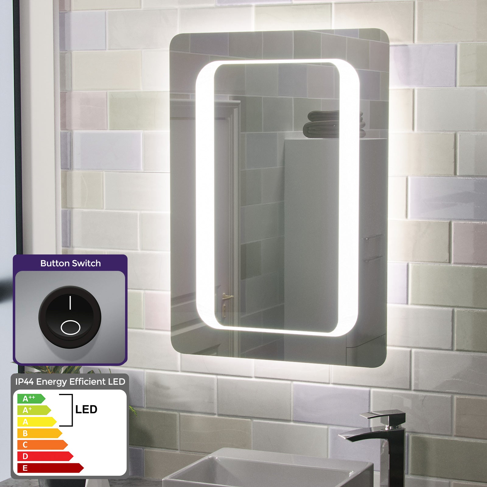 Ella LED Illuminated Mirror with Battery Powered Button Switch 500 x 700mm