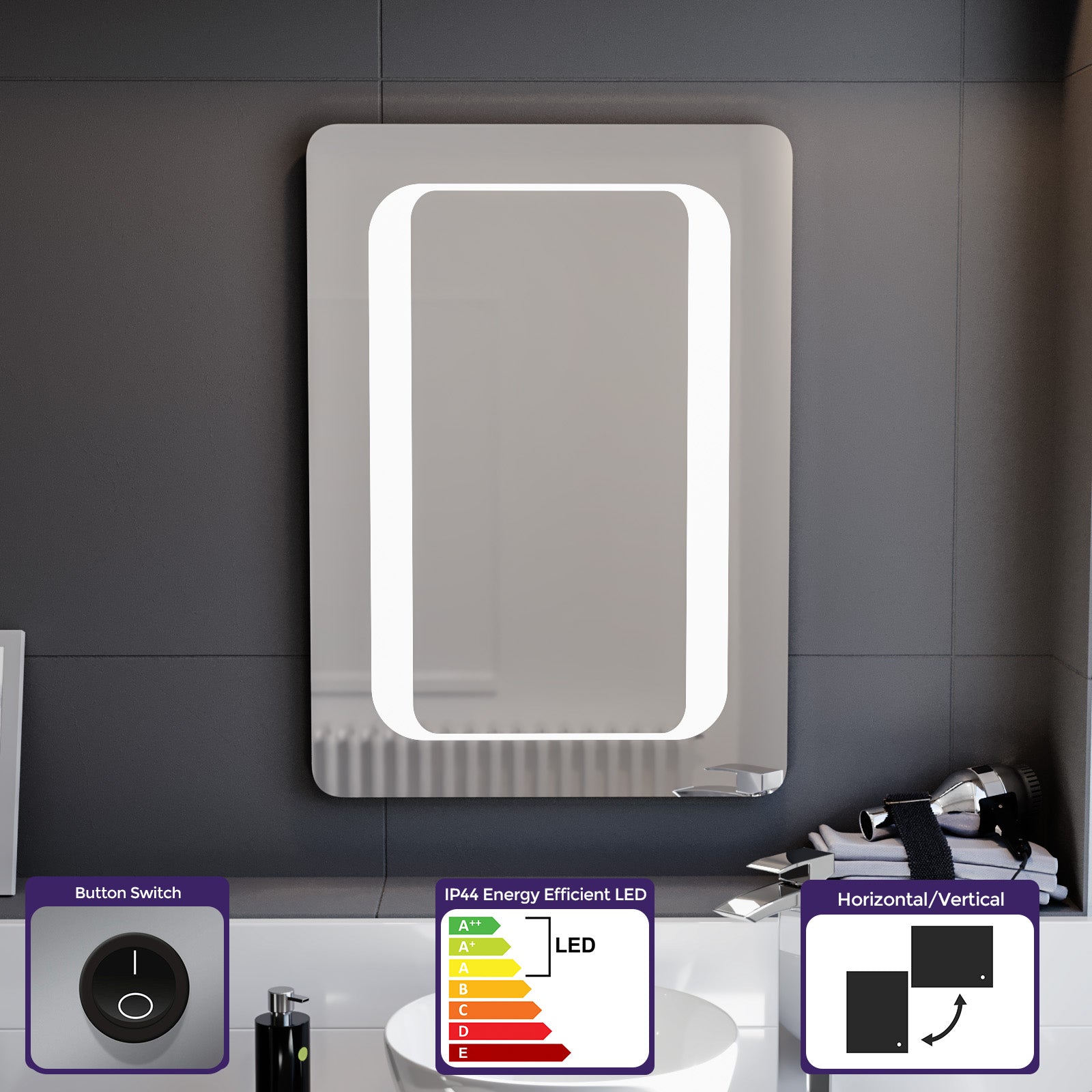 Ella LED Illuminated Mirror with Battery Powered Button Switch 500 x 700mm